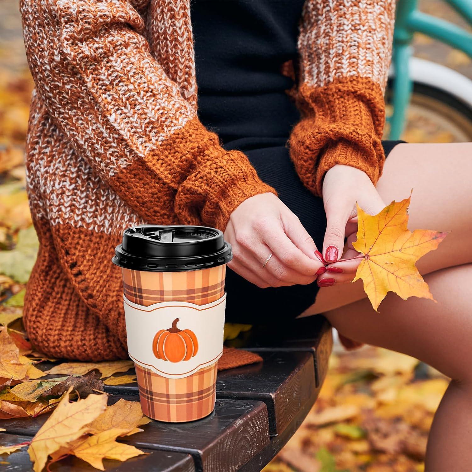 imageWhaline 50Pcs Fall Thanksgiving Disposable Coffee Cups with Lids and Sleeves Maple Pumpkin Paper Drinking Cups for Autumn Restaurant Travel Business Supplies 2 StylesFall Buffalo Plaid