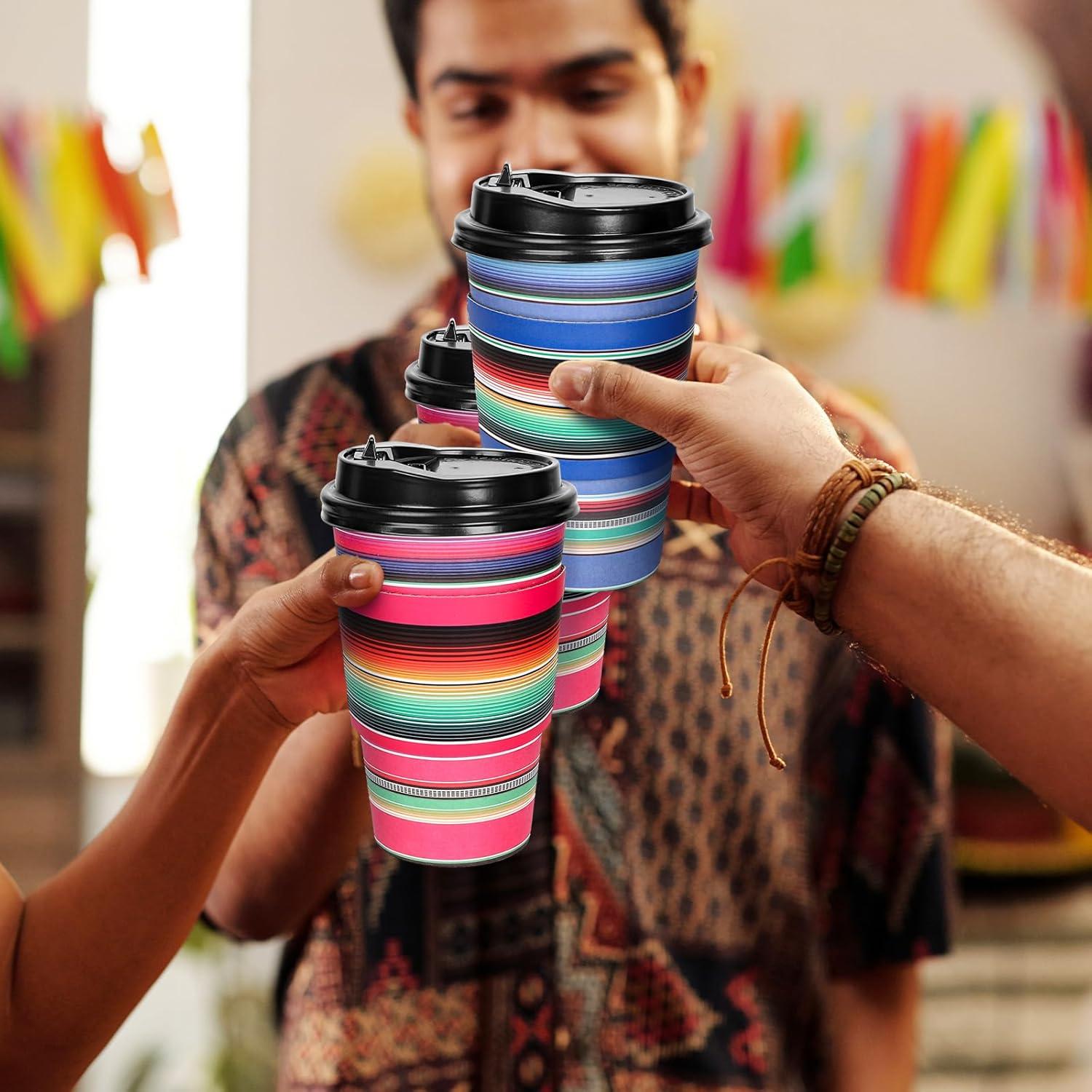 imageWhaline 50Pcs Fall Thanksgiving Disposable Coffee Cups with Lids and Sleeves Maple Pumpkin Paper Drinking Cups for Autumn Restaurant Travel Business Supplies 2 StylesMexican Serape Fiesta