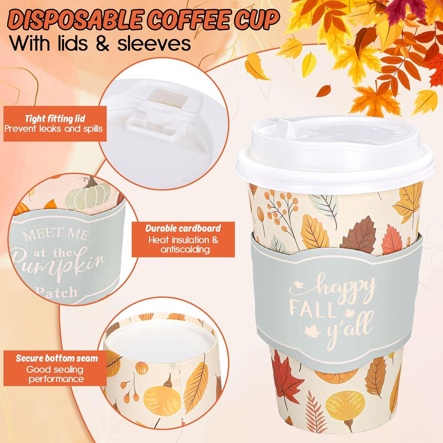 imageWhaline 50Pcs Fall Thanksgiving Disposable Coffee Cups with Lids and Sleeves Maple Pumpkin Paper Drinking Cups for Autumn Restaurant Travel Business Supplies 2 StylesFall Thanksgiving