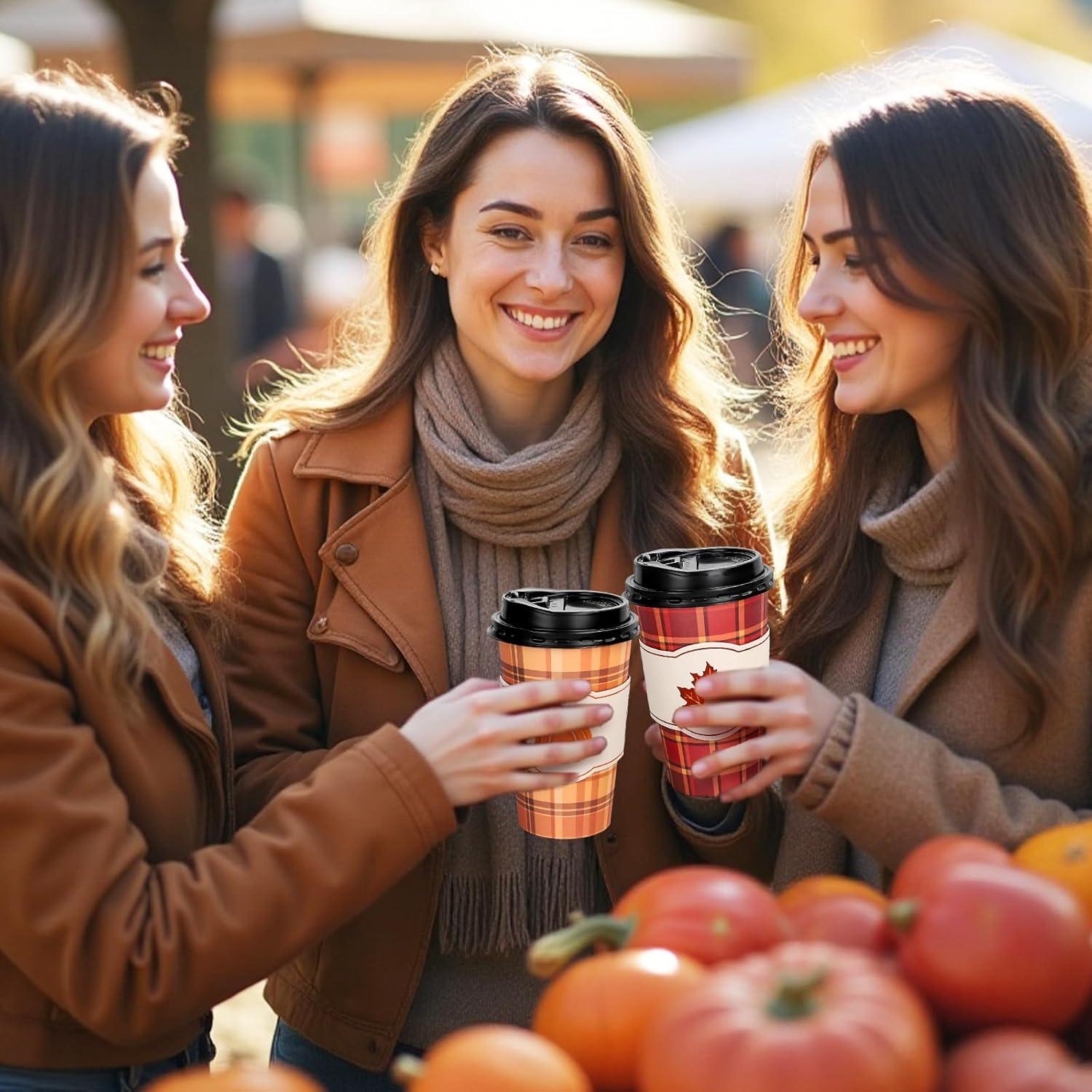 imageWhaline 50Pcs Fall Thanksgiving Disposable Coffee Cups with Lids and Sleeves Maple Pumpkin Paper Drinking Cups for Autumn Restaurant Travel Business Supplies 2 StylesFall Buffalo Plaid