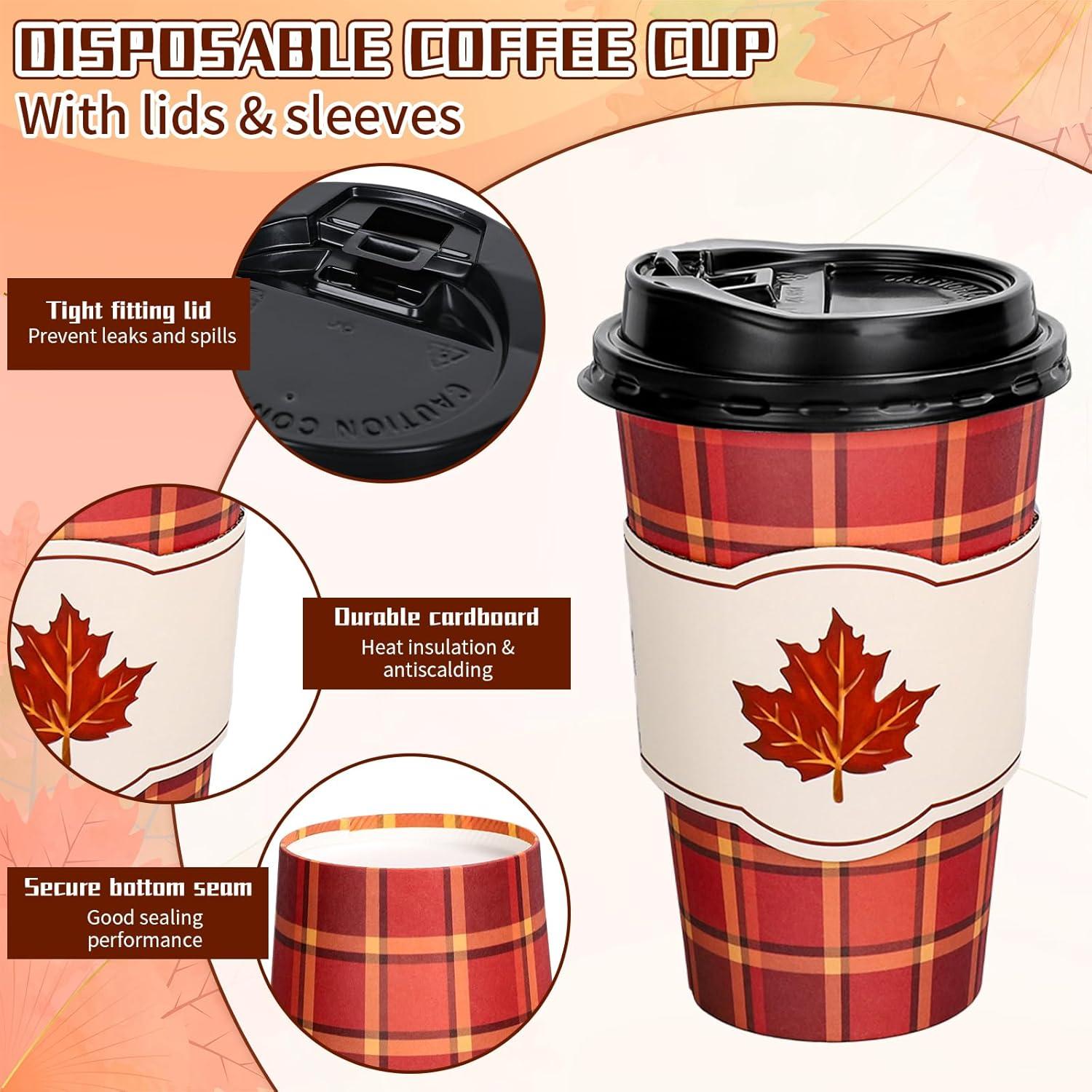 imageWhaline 50Pcs Fall Thanksgiving Disposable Coffee Cups with Lids and Sleeves Maple Pumpkin Paper Drinking Cups for Autumn Restaurant Travel Business Supplies 2 StylesFall Buffalo Plaid