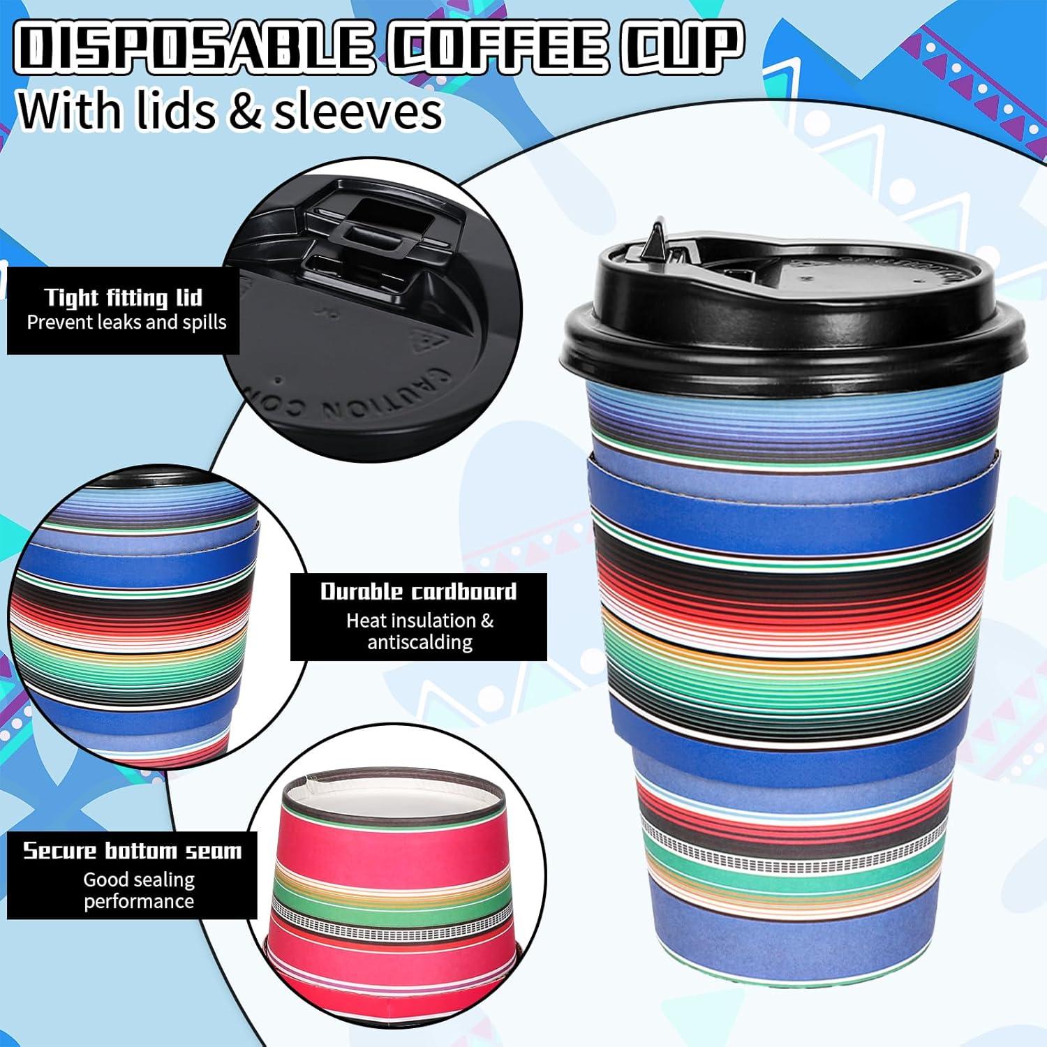 imageWhaline 50Pcs Fall Thanksgiving Disposable Coffee Cups with Lids and Sleeves Maple Pumpkin Paper Drinking Cups for Autumn Restaurant Travel Business Supplies 2 StylesMexican Serape Fiesta
