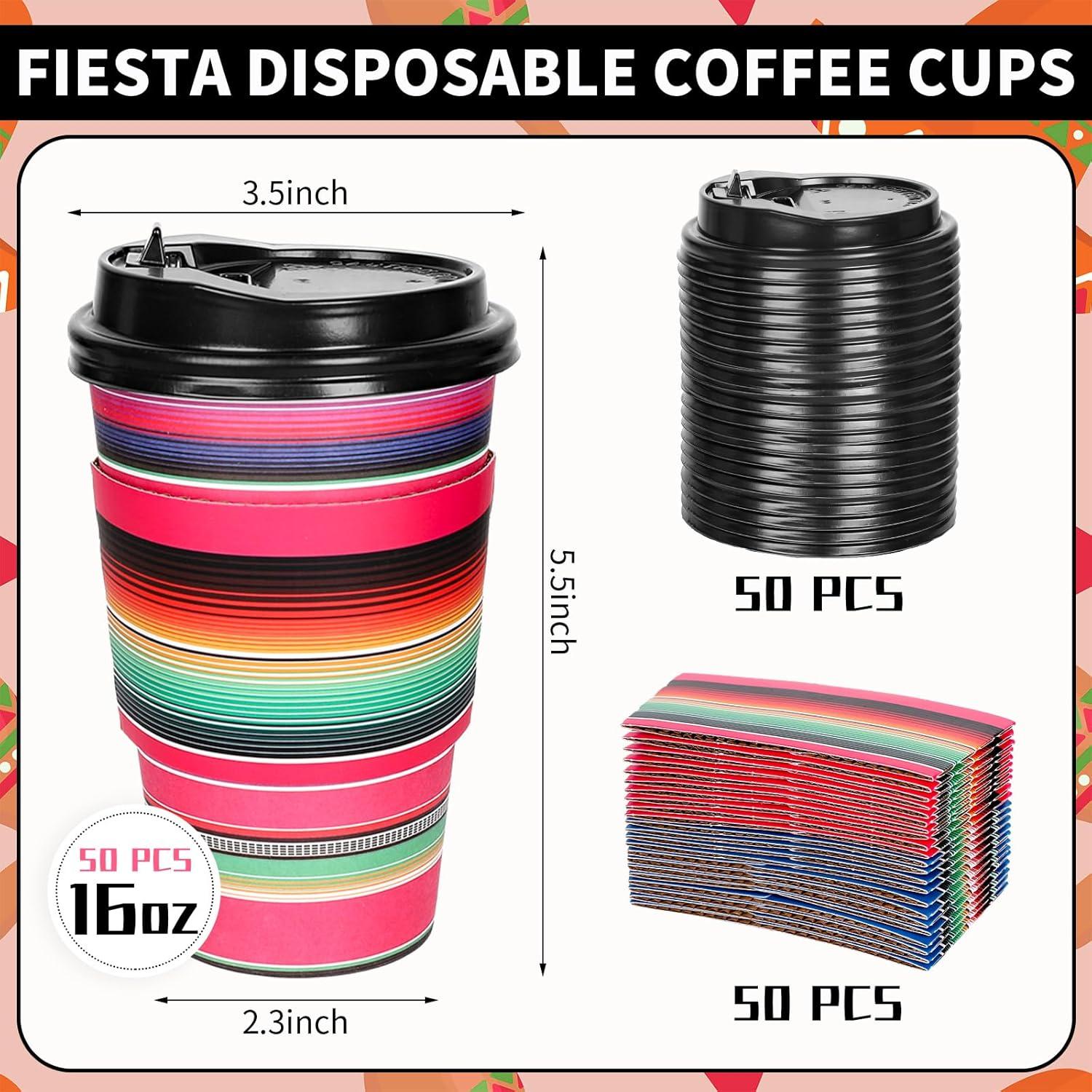 imageWhaline 50Pcs Fall Thanksgiving Disposable Coffee Cups with Lids and Sleeves Maple Pumpkin Paper Drinking Cups for Autumn Restaurant Travel Business Supplies 2 StylesMexican Serape Fiesta
