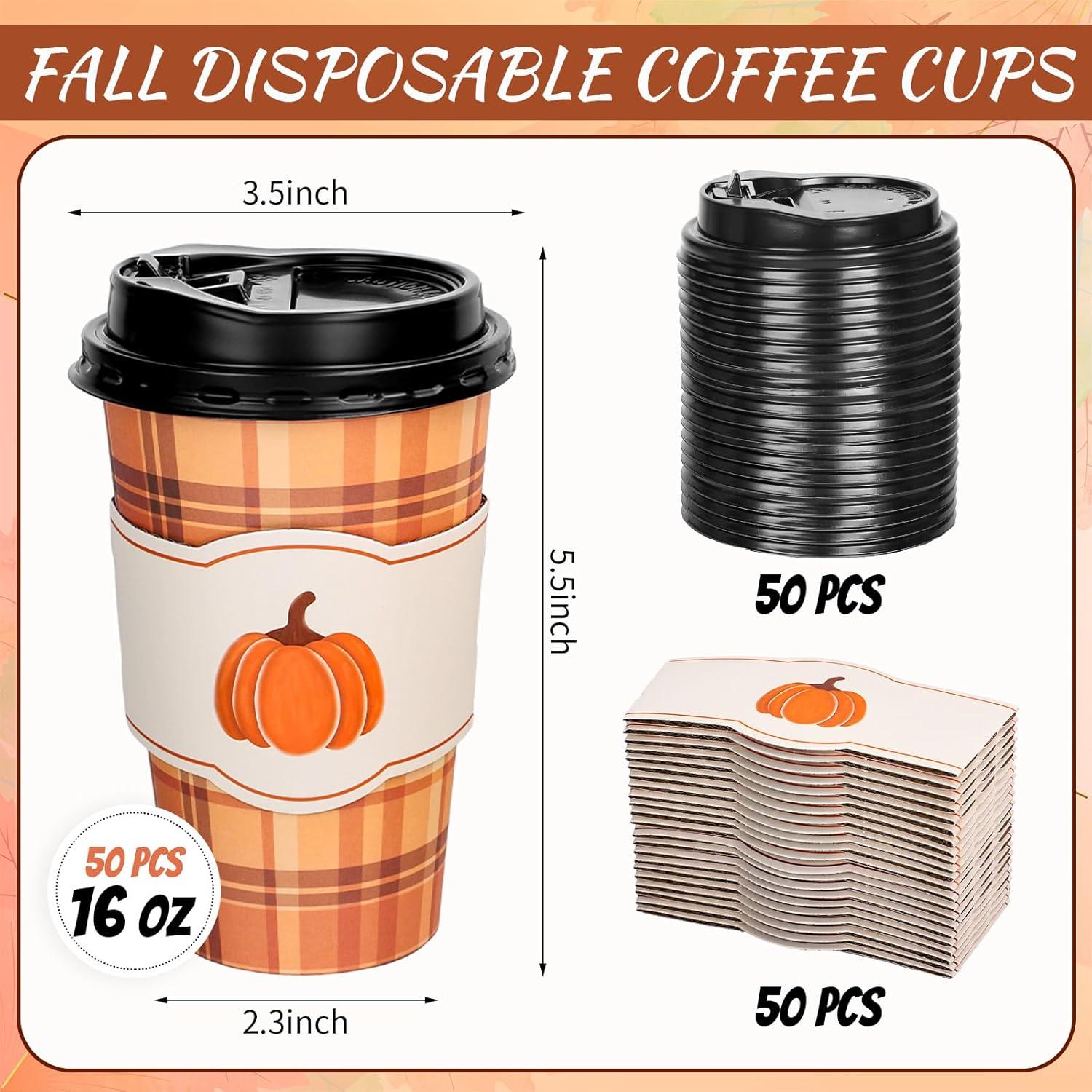 imageWhaline 50Pcs Fall Thanksgiving Disposable Coffee Cups with Lids and Sleeves Maple Pumpkin Paper Drinking Cups for Autumn Restaurant Travel Business Supplies 2 StylesFall Buffalo Plaid