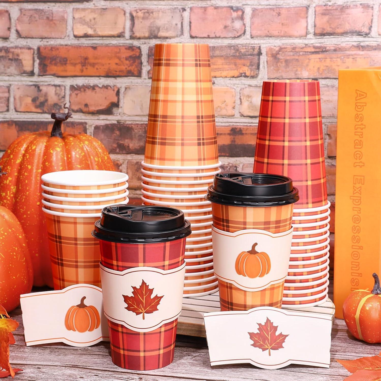 imageWhaline 50Pcs Fall Thanksgiving Disposable Coffee Cups with Lids and Sleeves Maple Pumpkin Paper Drinking Cups for Autumn Restaurant Travel Business Supplies 2 StylesFall Buffalo Plaid