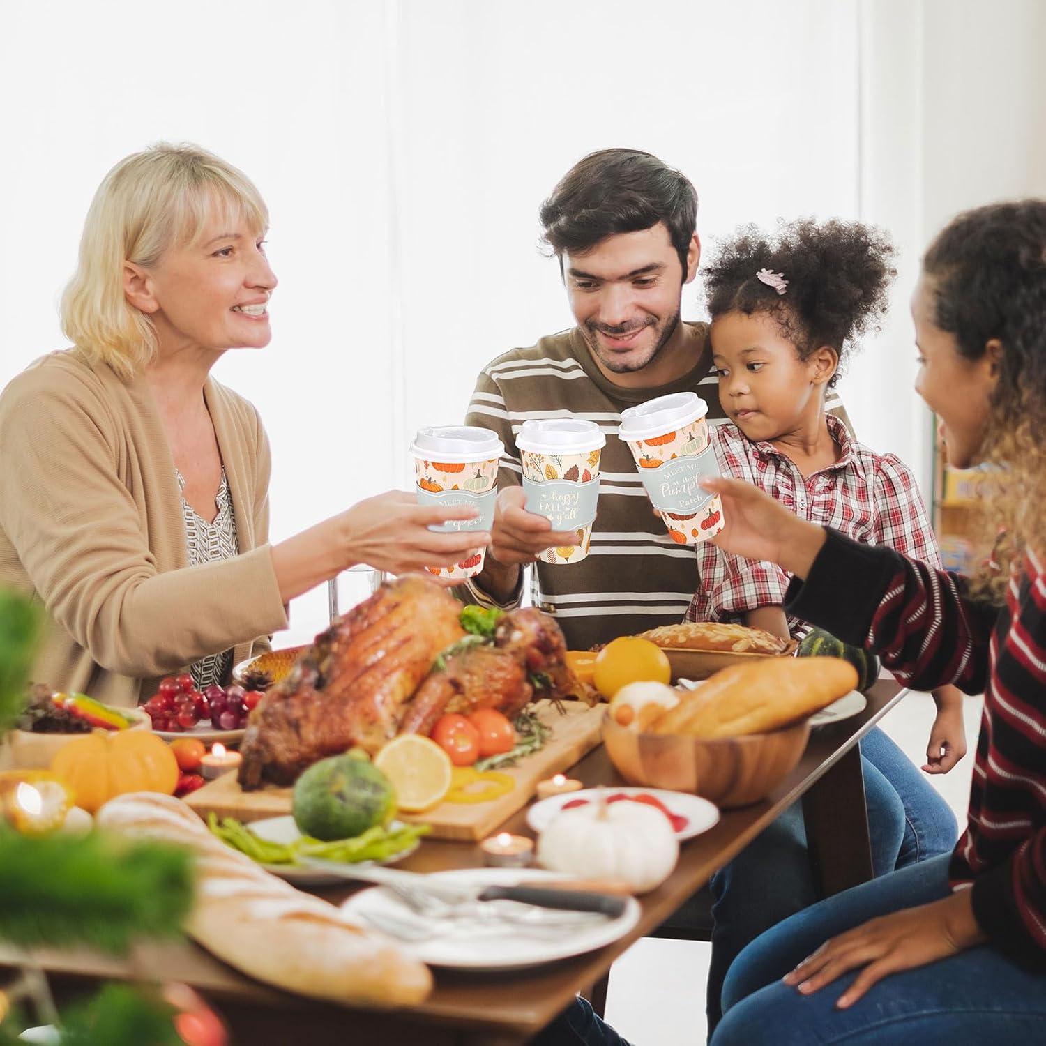 imageWhaline 50Pcs Fall Thanksgiving Disposable Coffee Cups with Lids and Sleeves Maple Pumpkin Paper Drinking Cups for Autumn Restaurant Travel Business Supplies 2 StylesFall Thanksgiving