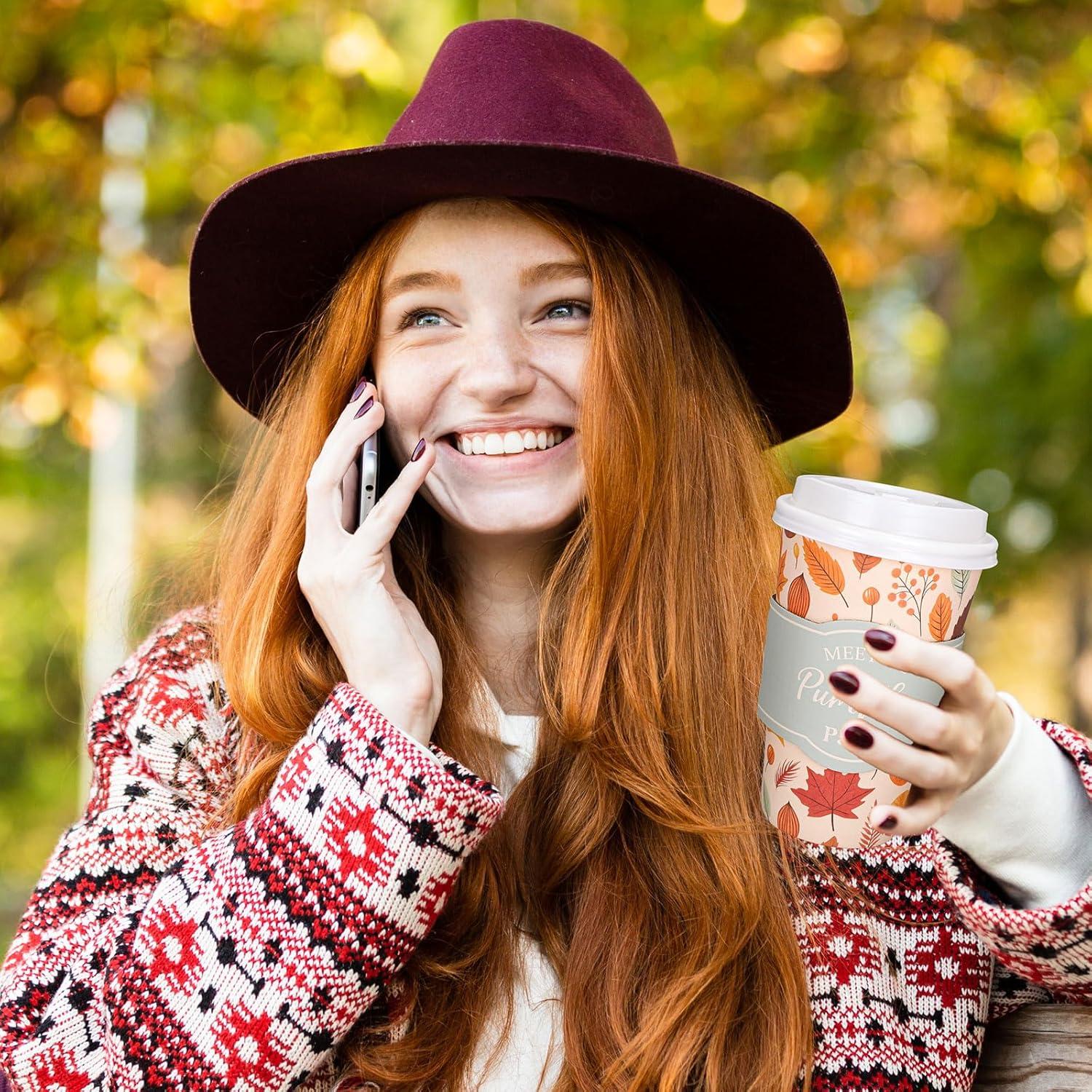 imageWhaline 50Pcs Fall Thanksgiving Disposable Coffee Cups with Lids and Sleeves Maple Pumpkin Paper Drinking Cups for Autumn Restaurant Travel Business Supplies 2 StylesFall Thanksgiving