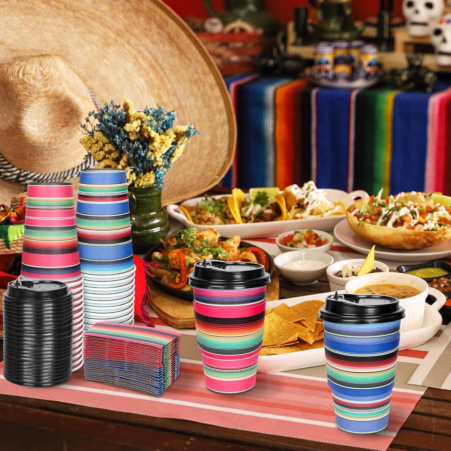 imageWhaline 50Pcs Fall Thanksgiving Disposable Coffee Cups with Lids and Sleeves Maple Pumpkin Paper Drinking Cups for Autumn Restaurant Travel Business Supplies 2 StylesMexican Serape Fiesta