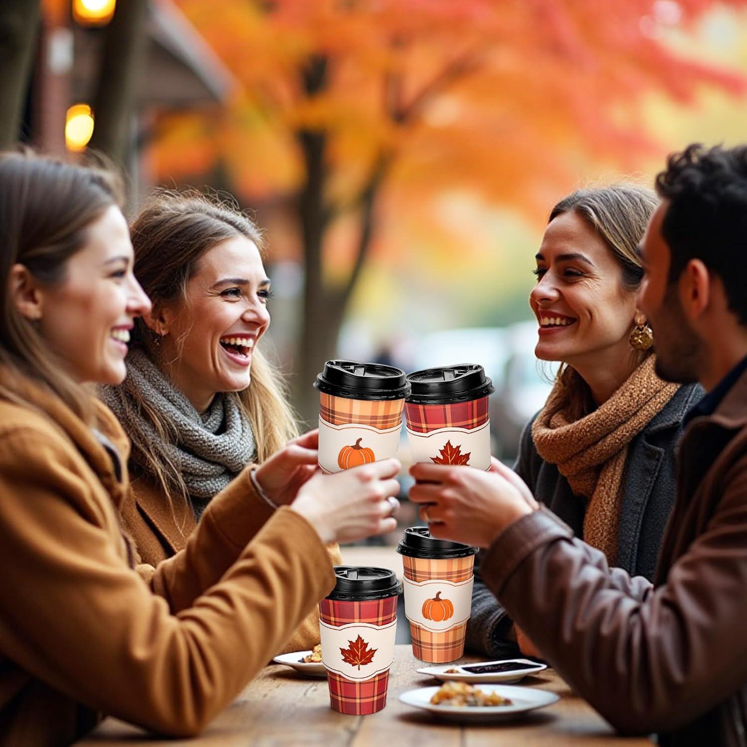 imageWhaline 50Pcs Fall Thanksgiving Disposable Coffee Cups with Lids and Sleeves Maple Pumpkin Paper Drinking Cups for Autumn Restaurant Travel Business Supplies 2 StylesFall Buffalo Plaid