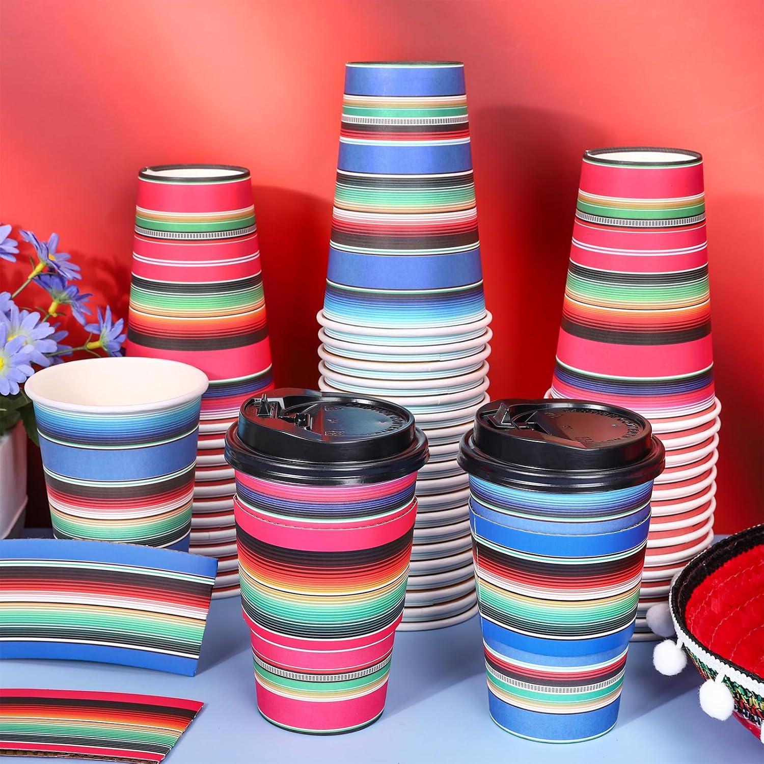 imageWhaline 50Pcs Fall Thanksgiving Disposable Coffee Cups with Lids and Sleeves Maple Pumpkin Paper Drinking Cups for Autumn Restaurant Travel Business Supplies 2 StylesMexican Serape Fiesta