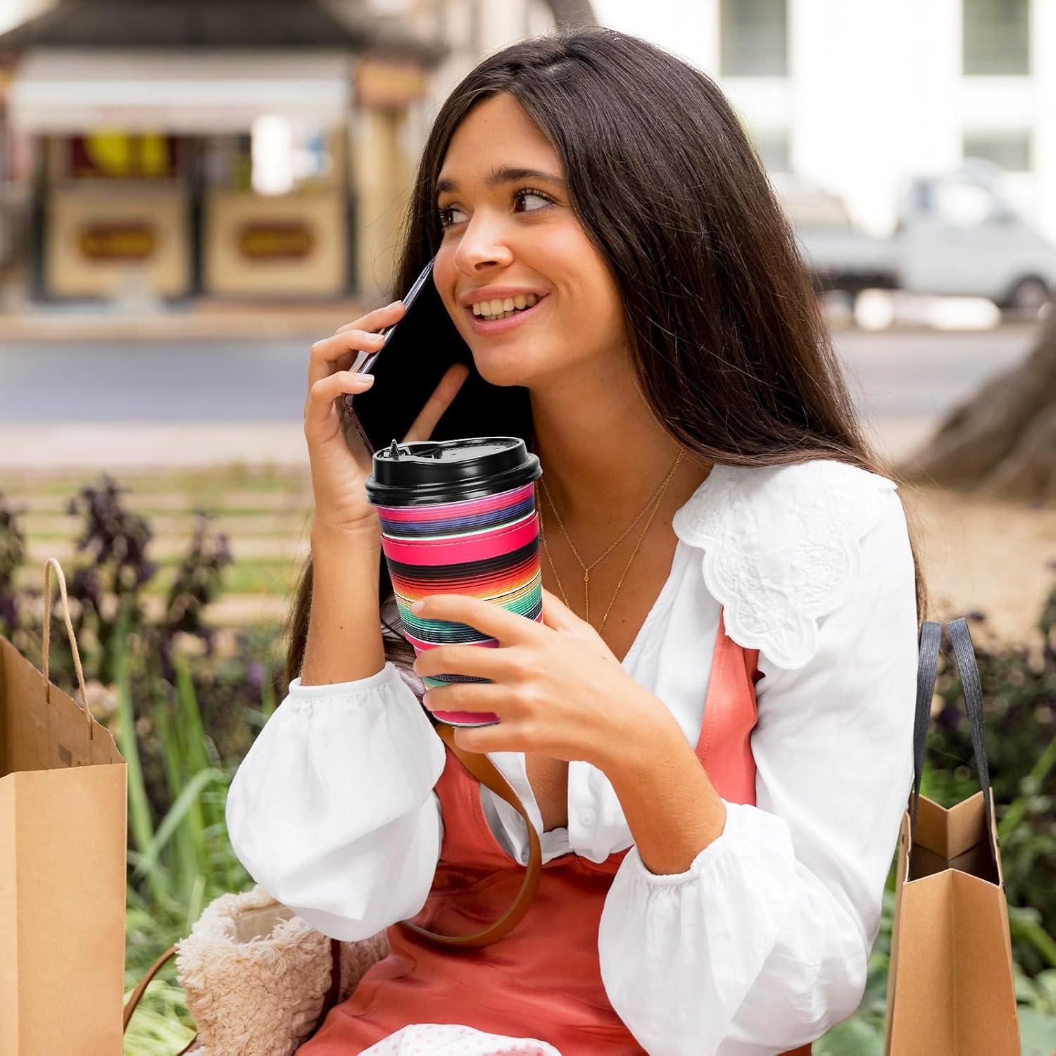 imageWhaline 50Pcs Fall Thanksgiving Disposable Coffee Cups with Lids and Sleeves Maple Pumpkin Paper Drinking Cups for Autumn Restaurant Travel Business Supplies 2 StylesMexican Serape Fiesta