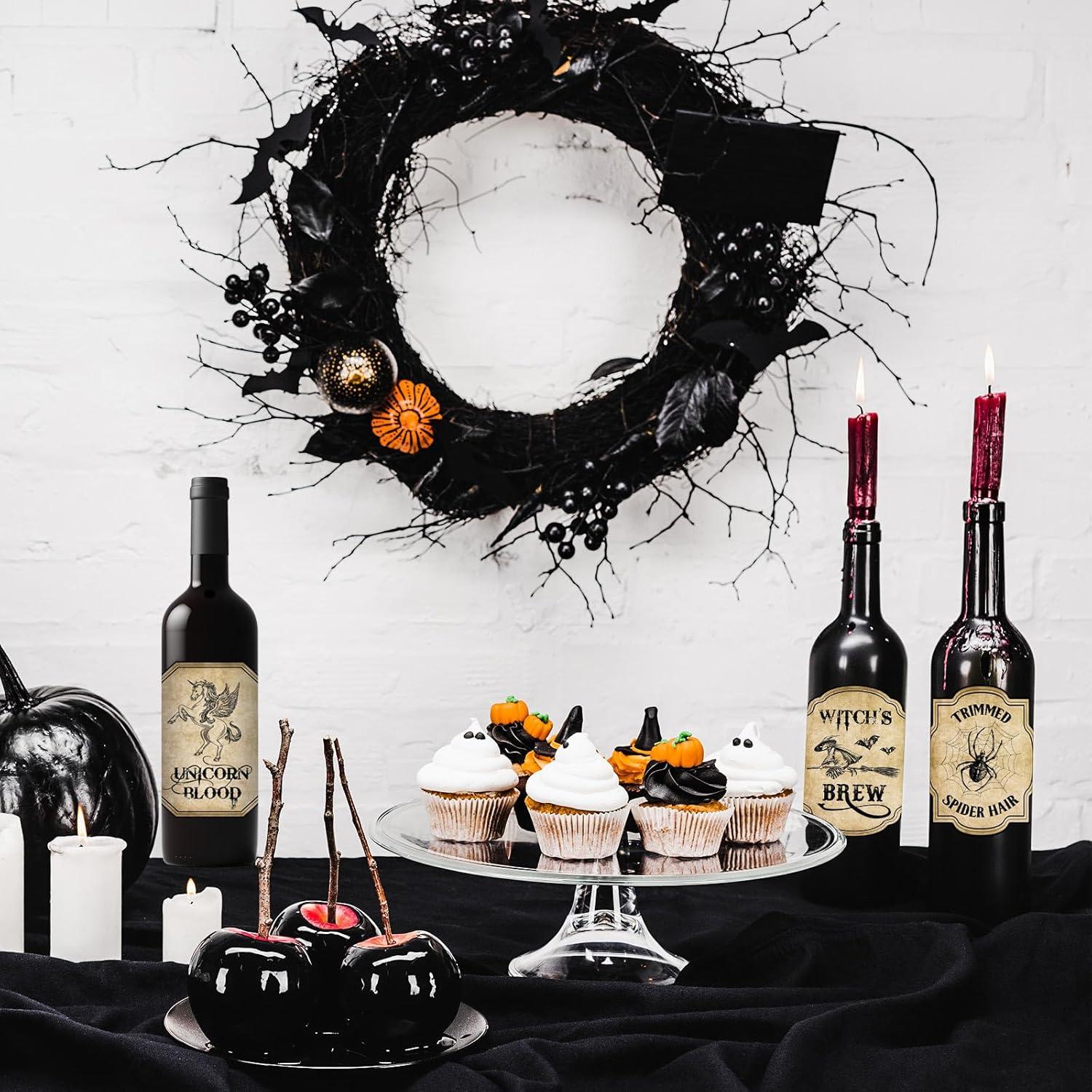 imageWhaline 54Pcs Halloween Wine Bottle Labels Vintage Potion Bottles Stickers Scary Witch Pumpkin Animal Apothecary Bottle Sticker Waterproof Creepy Wine Decals for Halloween Party Decoration
