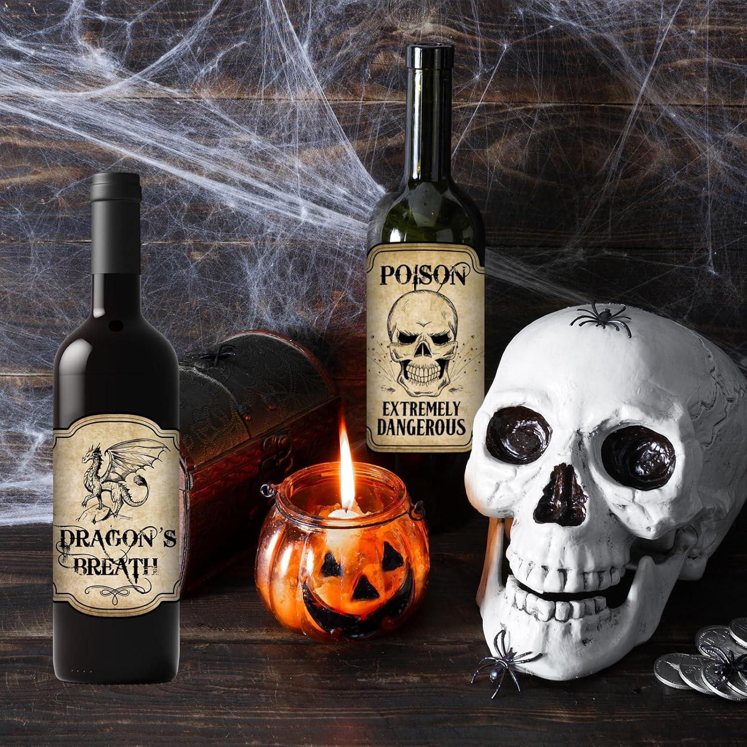 imageWhaline 54Pcs Halloween Wine Bottle Labels Vintage Potion Bottles Stickers Scary Witch Pumpkin Animal Apothecary Bottle Sticker Waterproof Creepy Wine Decals for Halloween Party Decoration