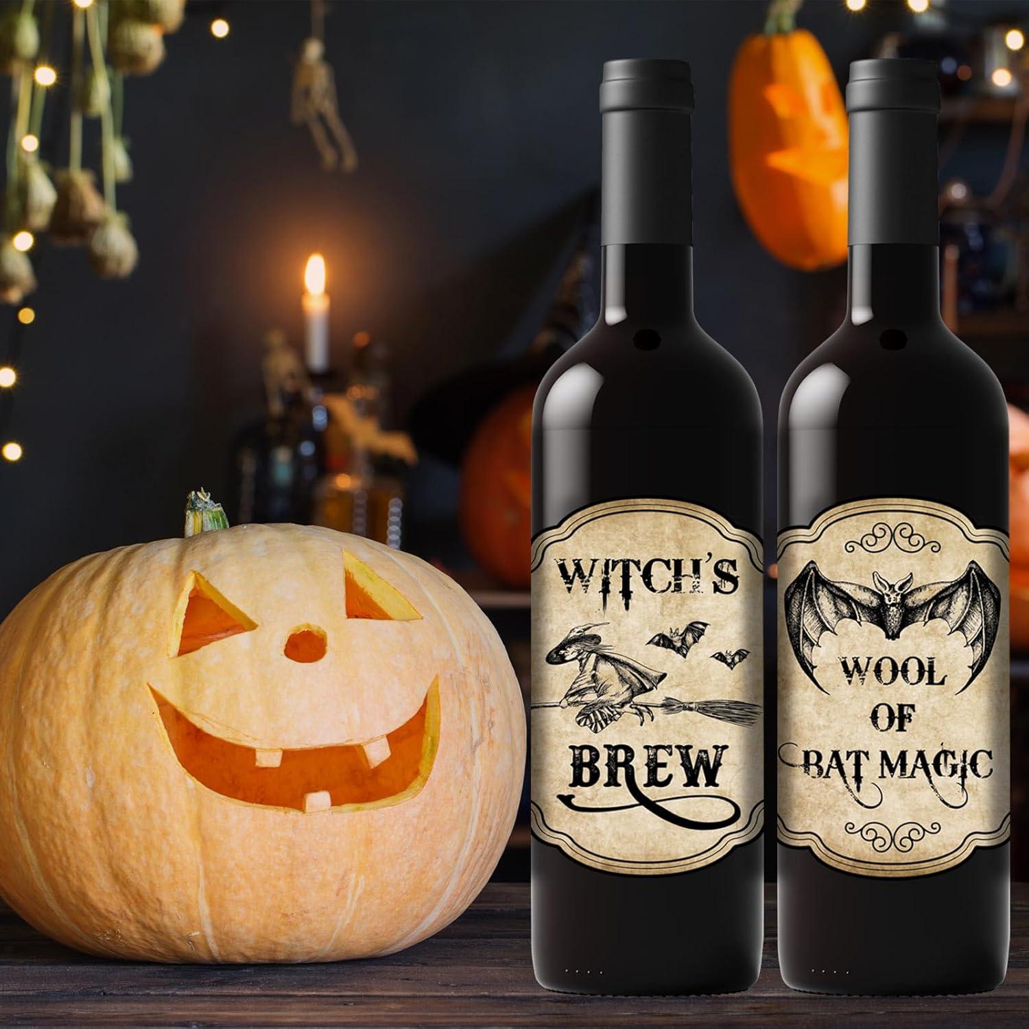 imageWhaline 54Pcs Halloween Wine Bottle Labels Vintage Potion Bottles Stickers Scary Witch Pumpkin Animal Apothecary Bottle Sticker Waterproof Creepy Wine Decals for Halloween Party Decoration