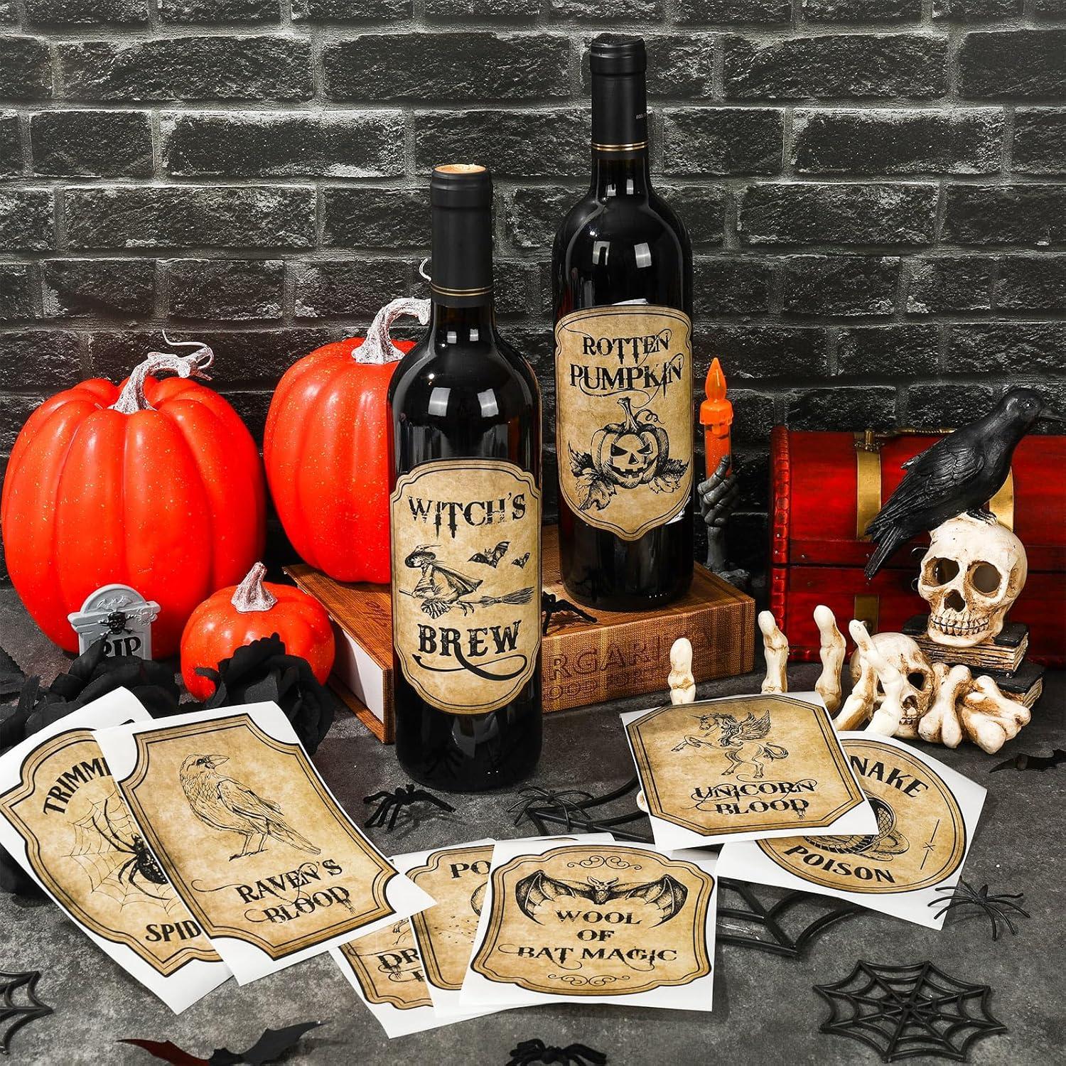 imageWhaline 54Pcs Halloween Wine Bottle Labels Vintage Potion Bottles Stickers Scary Witch Pumpkin Animal Apothecary Bottle Sticker Waterproof Creepy Wine Decals for Halloween Party Decoration