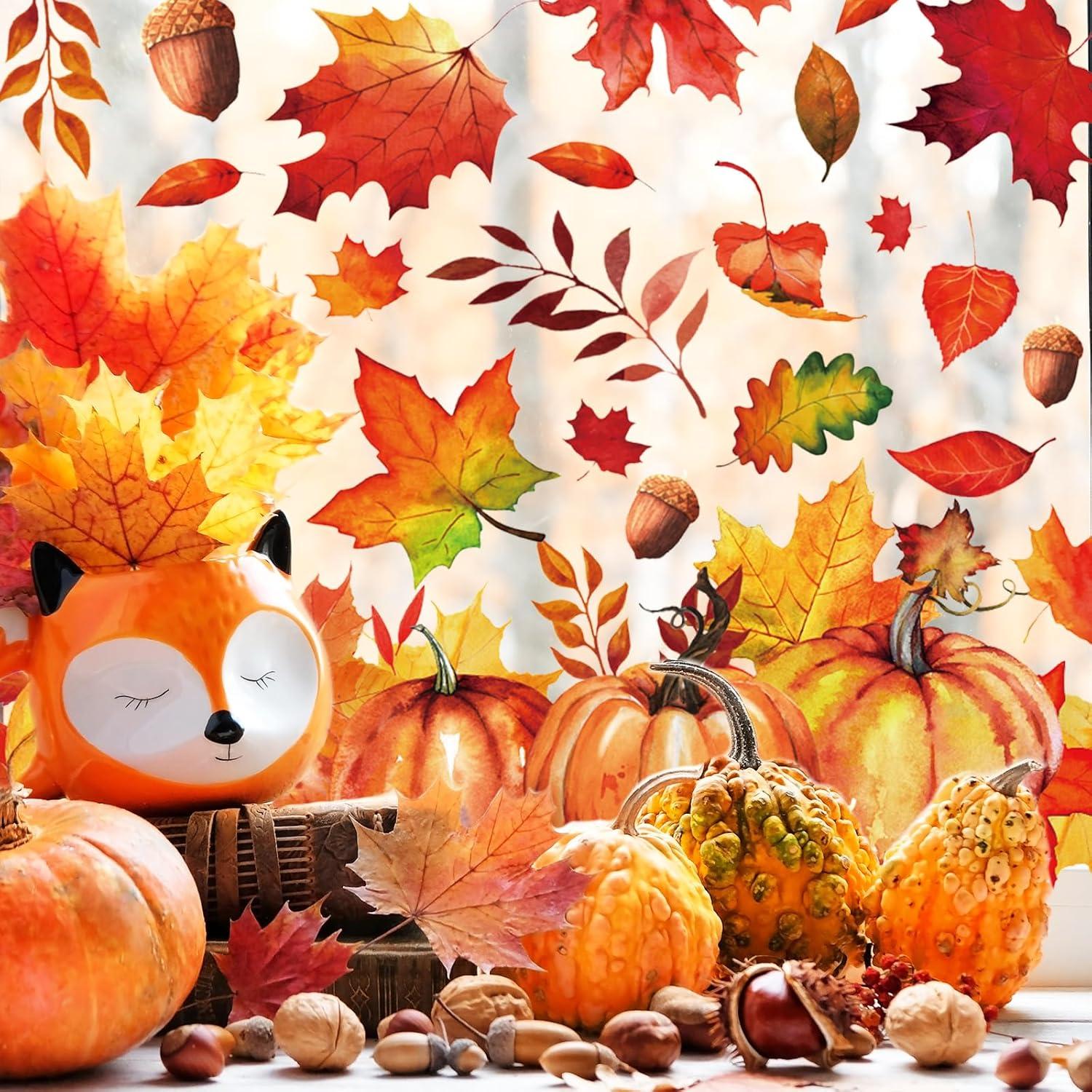 imageWhaline 6 Sheets Fall Maple Leaves Window Clings Thanksgiving Watercolor Maple Tree OrangeBrown Leaves Pumpkins Decals DoubleSided Glass Window Stickers for Autumn Harvest Home School Party SuppliesFall