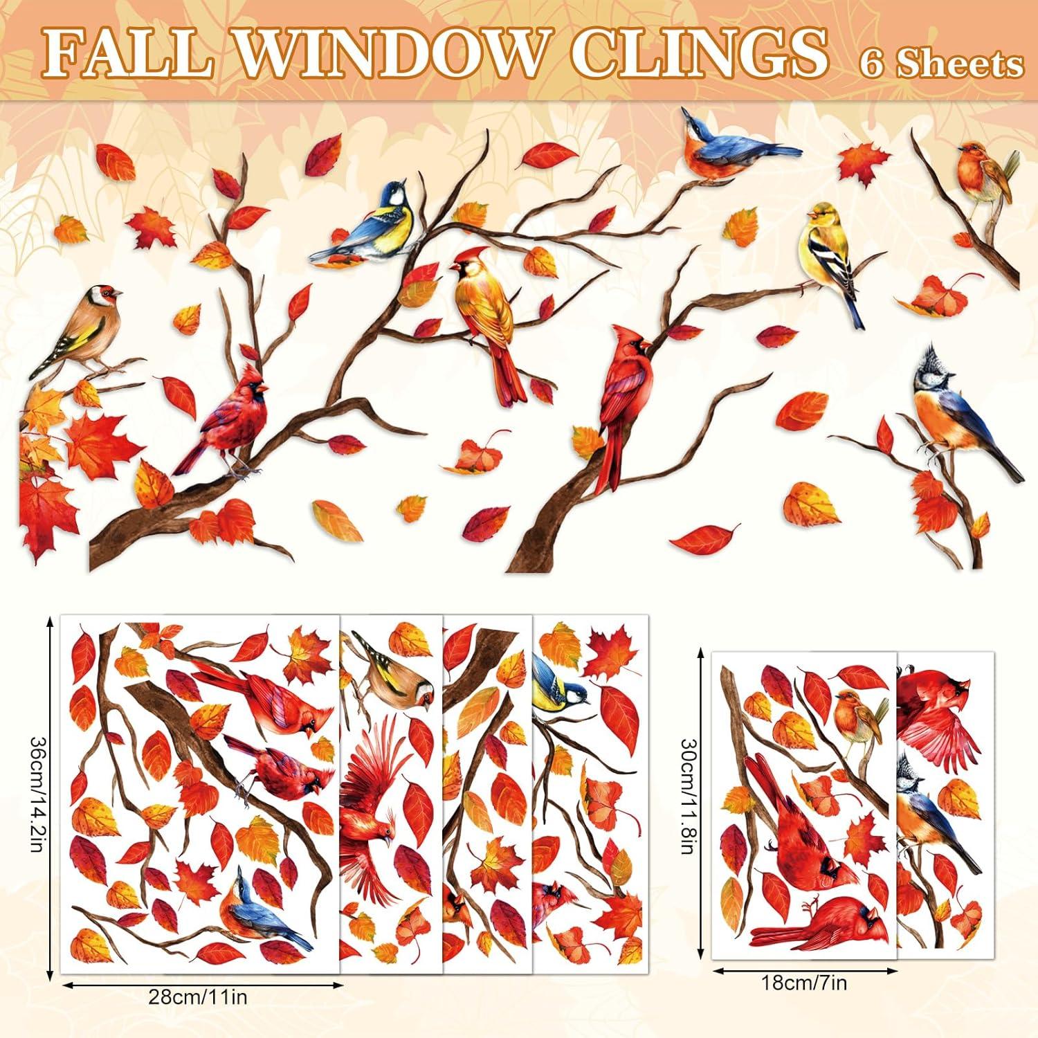 imageWhaline 6 Sheets Fall Maple Leaves Window Clings Thanksgiving Watercolor Maple Tree OrangeBrown Leaves Pumpkins Decals DoubleSided Glass Window Stickers for Autumn Harvest Home School Party SuppliesFall Red Bird
