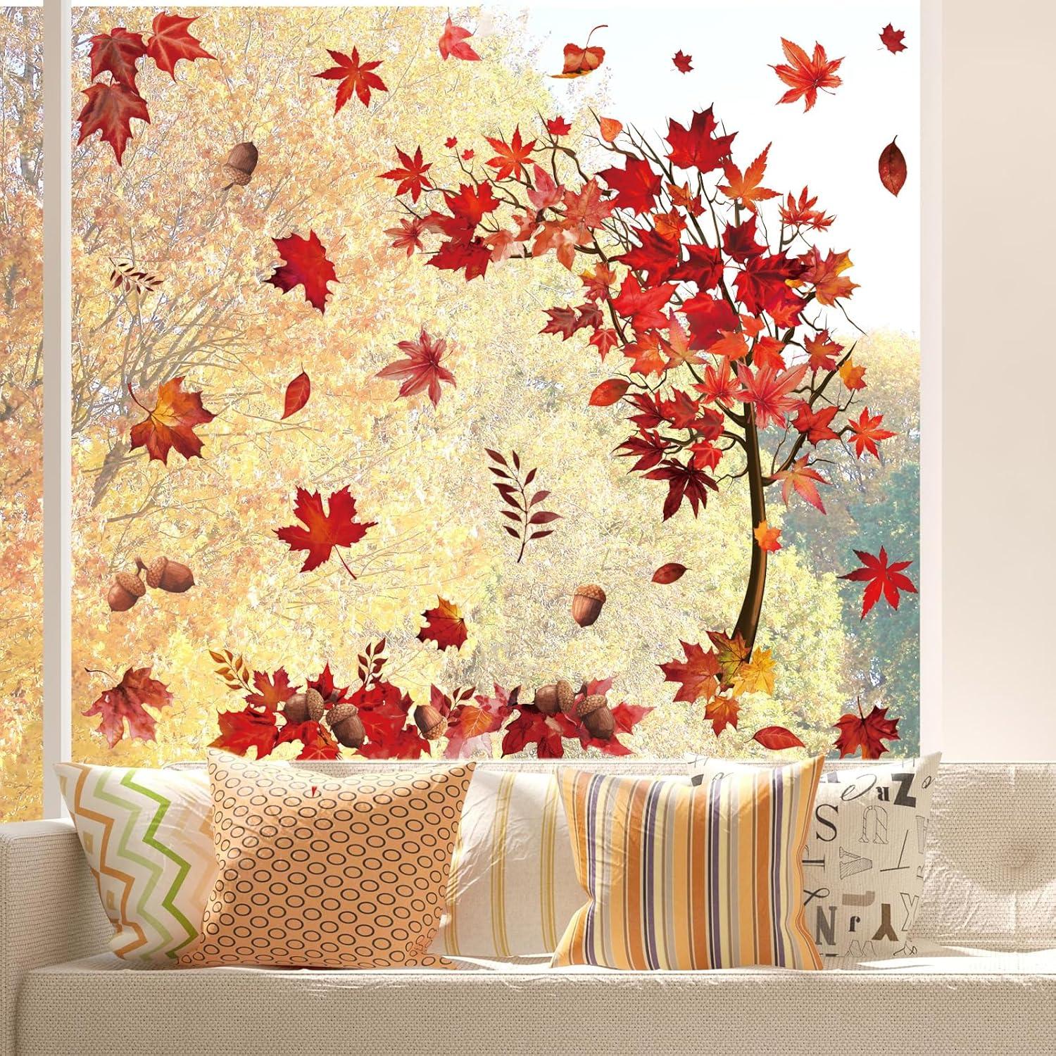 imageWhaline 6 Sheets Fall Maple Leaves Window Clings Thanksgiving Watercolor Maple Tree OrangeBrown Leaves Pumpkins Decals DoubleSided Glass Window Stickers for Autumn Harvest Home School Party SuppliesRed Maple