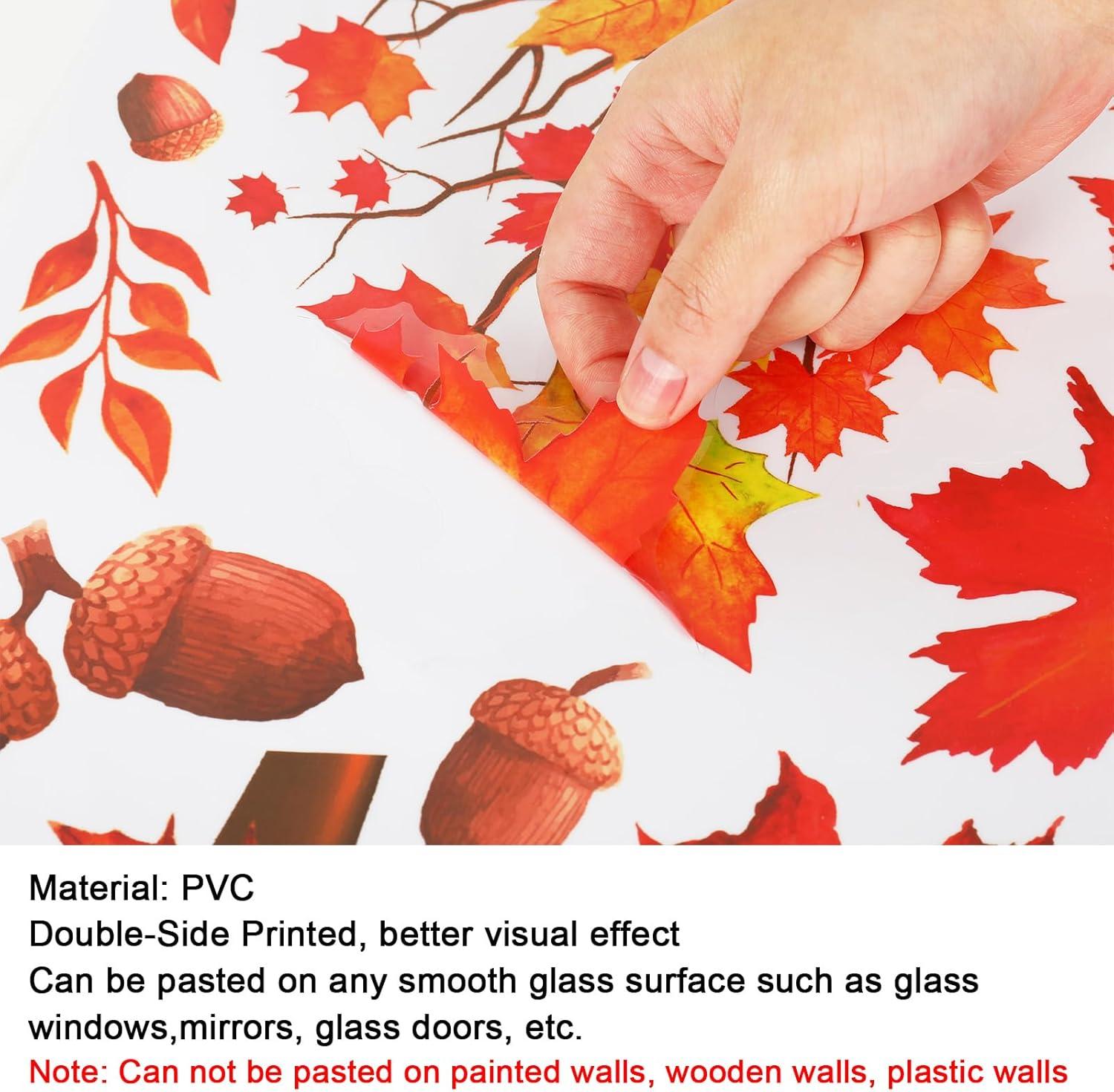 imageWhaline 6 Sheets Fall Maple Leaves Window Clings Thanksgiving Watercolor Maple Tree OrangeBrown Leaves Pumpkins Decals DoubleSided Glass Window Stickers for Autumn Harvest Home School Party SuppliesFall