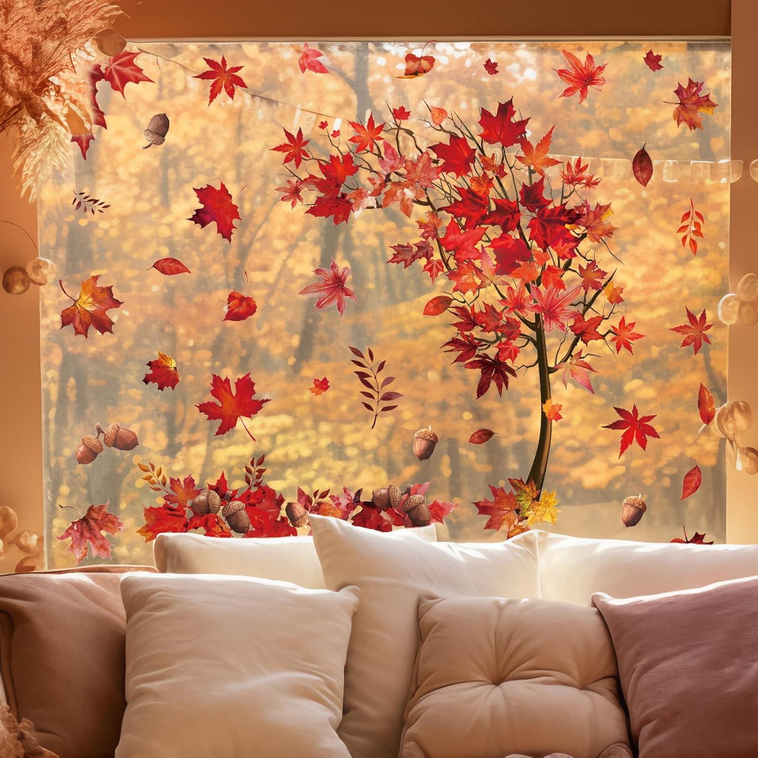 imageWhaline 6 Sheets Fall Maple Leaves Window Clings Thanksgiving Watercolor Maple Tree OrangeBrown Leaves Pumpkins Decals DoubleSided Glass Window Stickers for Autumn Harvest Home School Party SuppliesRed Maple