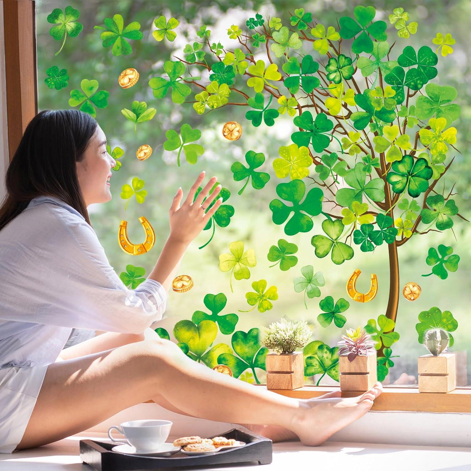 imageWhaline 6 Sheets Fall Maple Leaves Window Clings Thanksgiving Watercolor Maple Tree OrangeBrown Leaves Pumpkins Decals DoubleSided Glass Window Stickers for Autumn Harvest Home School Party SuppliesSt Patricks Day