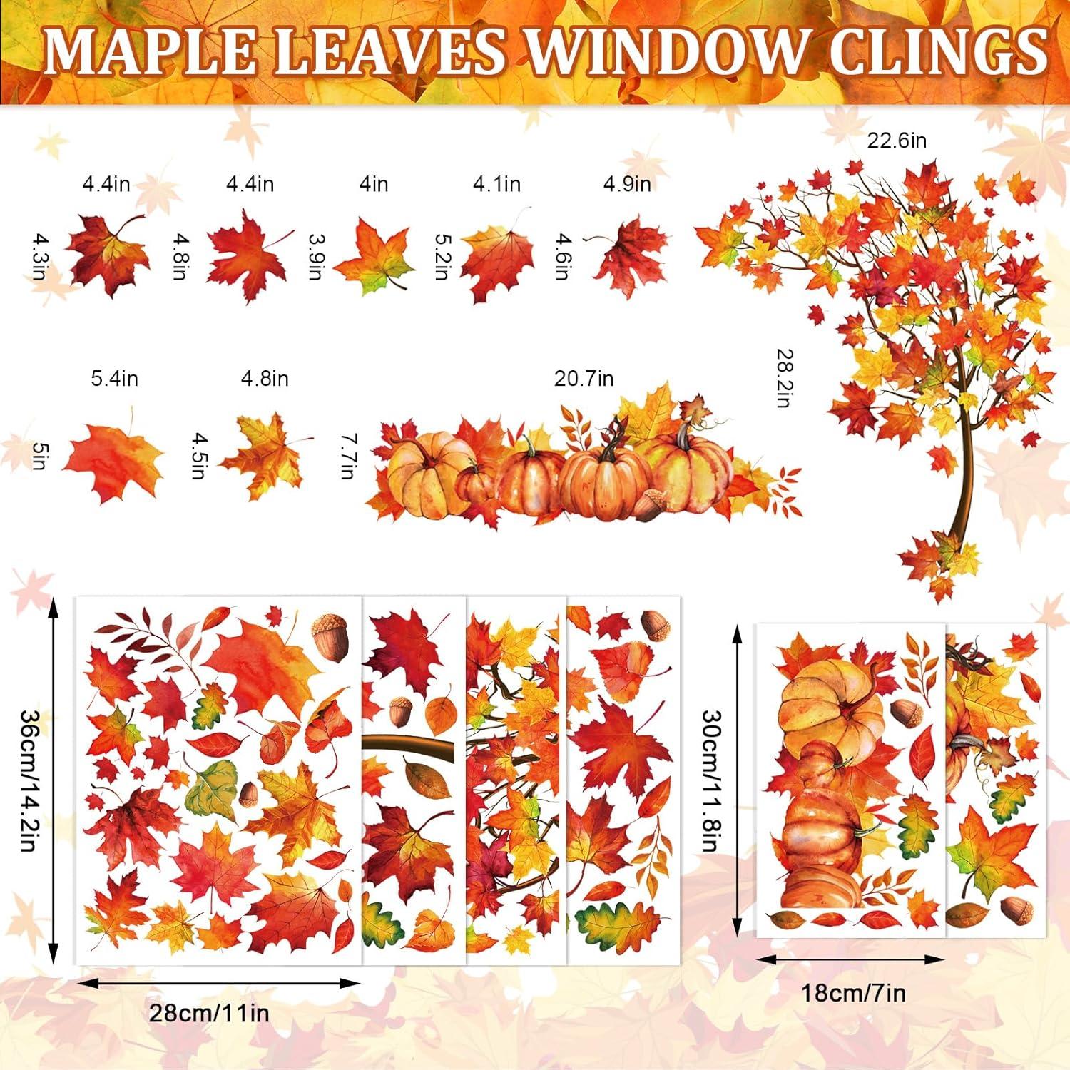 imageWhaline 6 Sheets Fall Maple Leaves Window Clings Thanksgiving Watercolor Maple Tree OrangeBrown Leaves Pumpkins Decals DoubleSided Glass Window Stickers for Autumn Harvest Home School Party SuppliesFall