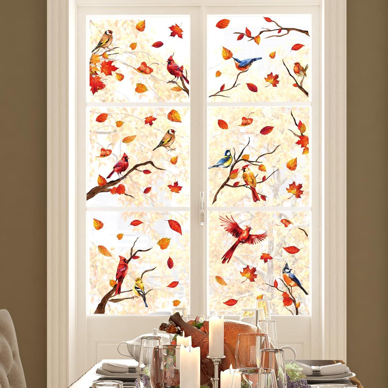 imageWhaline 6 Sheets Fall Maple Leaves Window Clings Thanksgiving Watercolor Maple Tree OrangeBrown Leaves Pumpkins Decals DoubleSided Glass Window Stickers for Autumn Harvest Home School Party SuppliesFall Red Bird