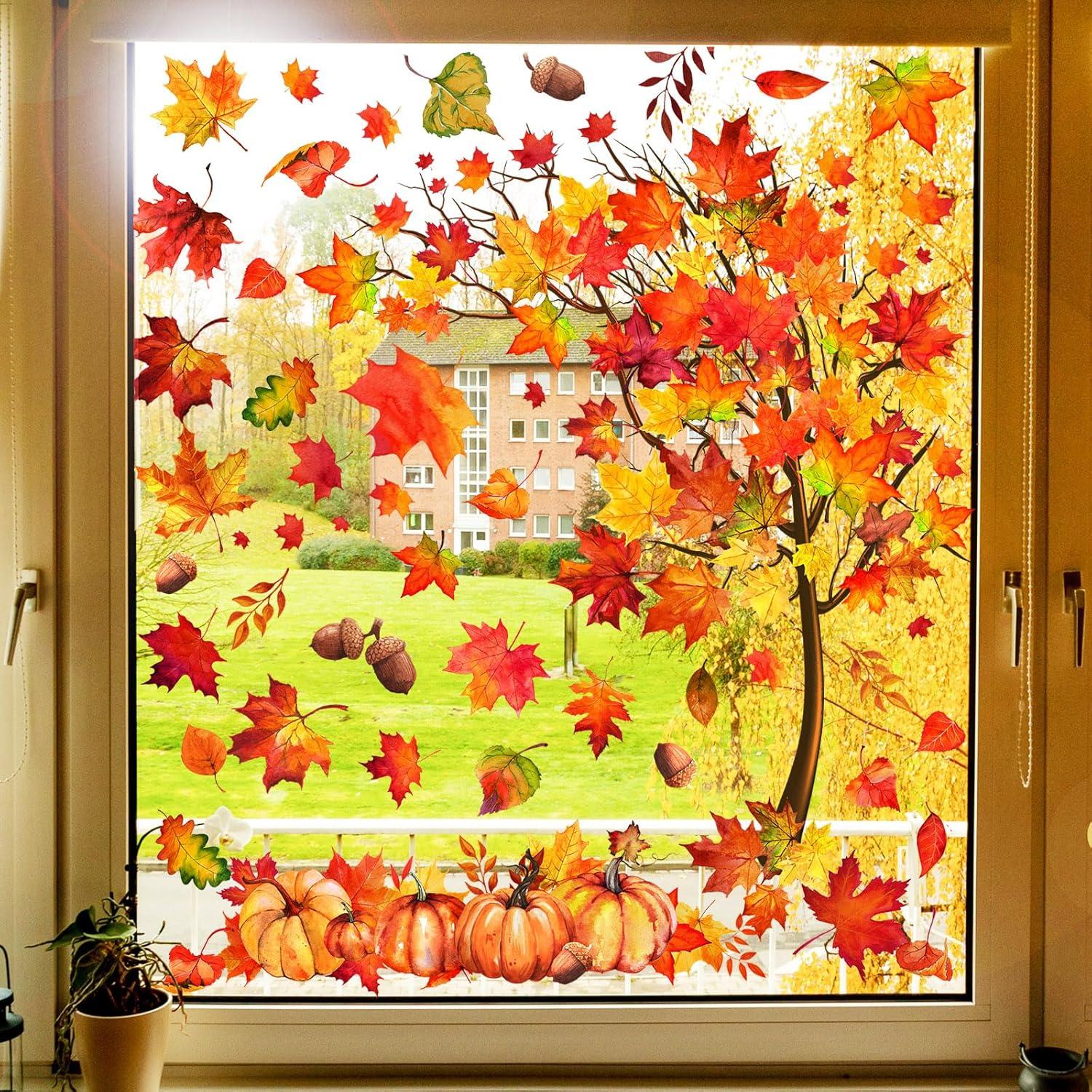 imageWhaline 6 Sheets Fall Maple Leaves Window Clings Thanksgiving Watercolor Maple Tree OrangeBrown Leaves Pumpkins Decals DoubleSided Glass Window Stickers for Autumn Harvest Home School Party SuppliesFall