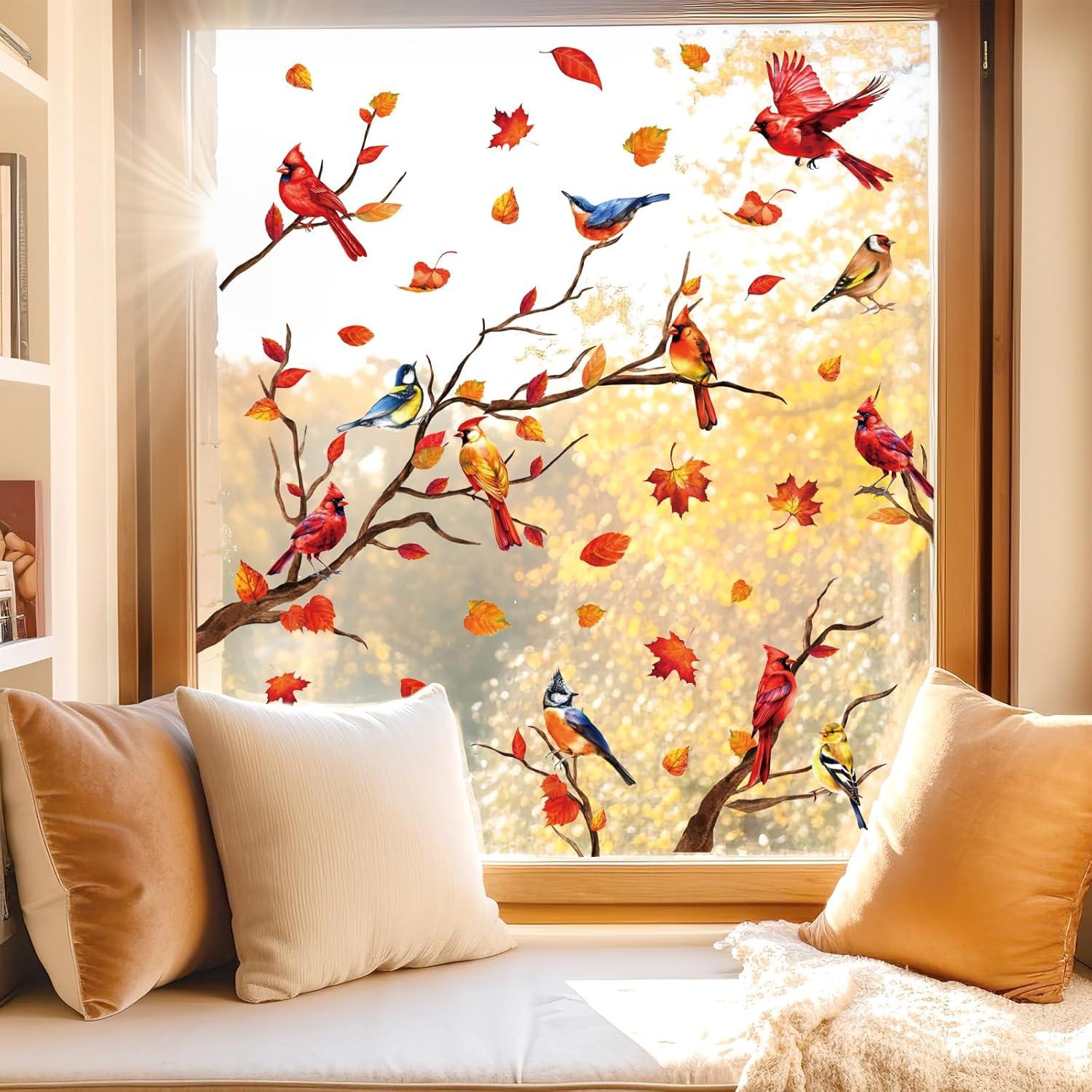 imageWhaline 6 Sheets Fall Maple Leaves Window Clings Thanksgiving Watercolor Maple Tree OrangeBrown Leaves Pumpkins Decals DoubleSided Glass Window Stickers for Autumn Harvest Home School Party SuppliesFall Red Bird