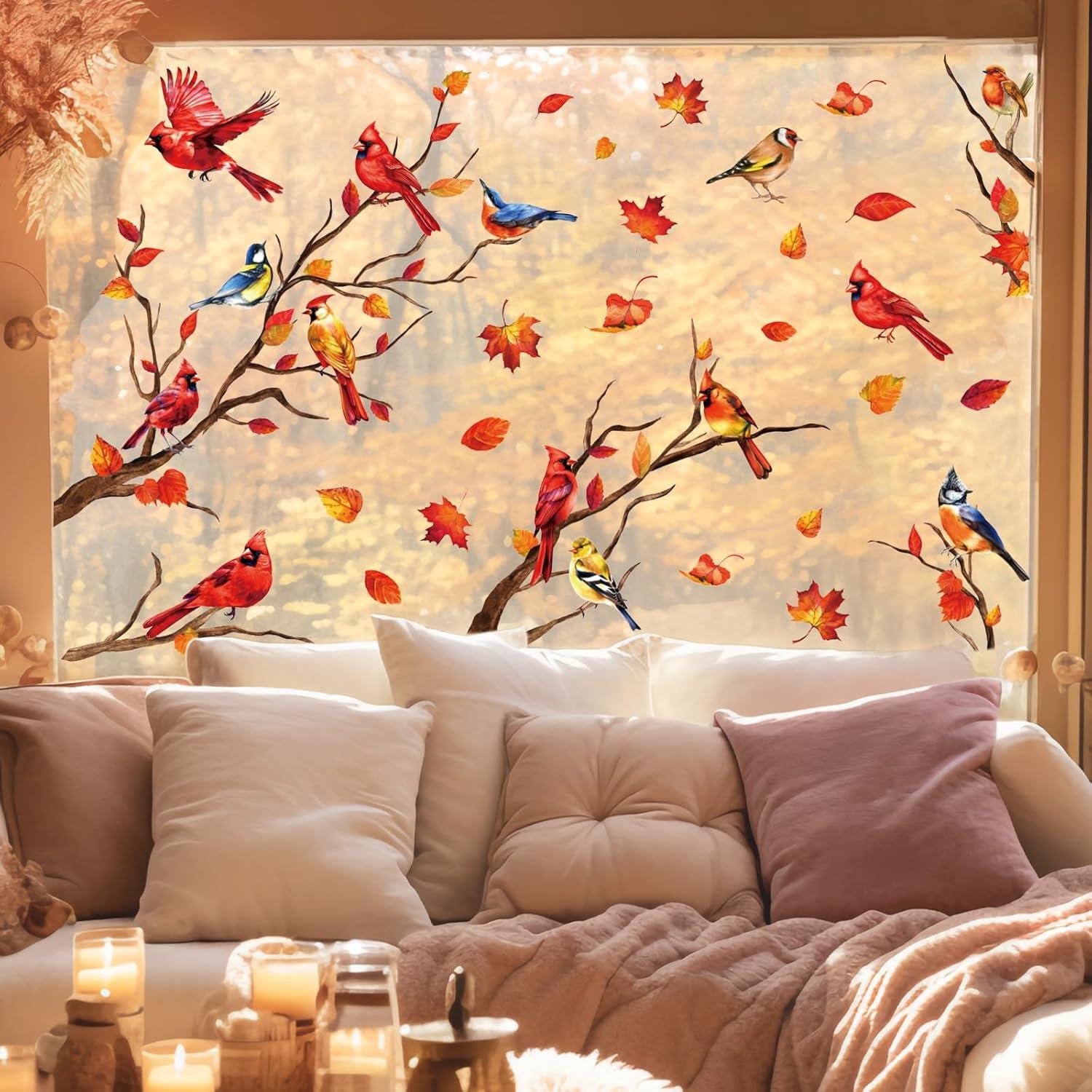 imageWhaline 6 Sheets Fall Maple Leaves Window Clings Thanksgiving Watercolor Maple Tree OrangeBrown Leaves Pumpkins Decals DoubleSided Glass Window Stickers for Autumn Harvest Home School Party SuppliesFall Red Bird