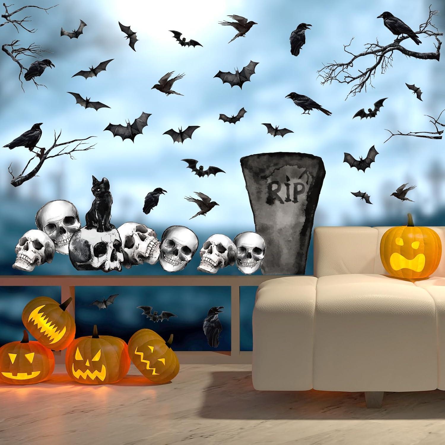 imageWhaline 6 Sheets Fall Maple Leaves Window Clings Thanksgiving Watercolor Maple Tree OrangeBrown Leaves Pumpkins Decals DoubleSided Glass Window Stickers for Autumn Harvest Home School Party SuppliesHalloween