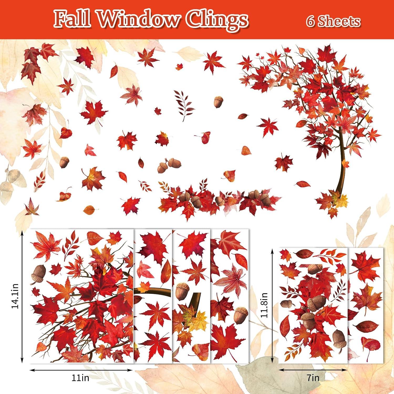 imageWhaline 6 Sheets Fall Maple Leaves Window Clings Thanksgiving Watercolor Maple Tree OrangeBrown Leaves Pumpkins Decals DoubleSided Glass Window Stickers for Autumn Harvest Home School Party SuppliesRed Maple