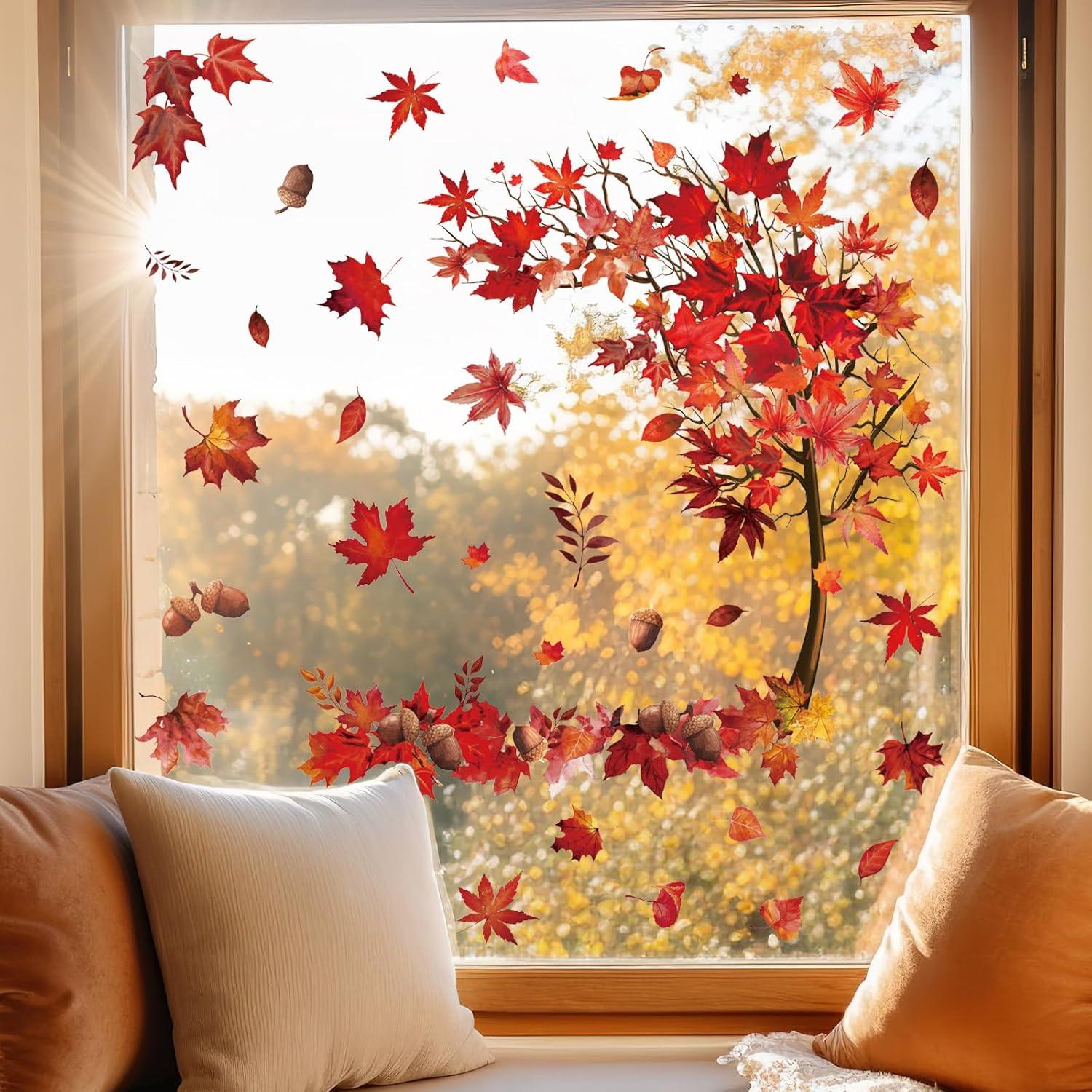 imageWhaline 6 Sheets Fall Maple Leaves Window Clings Thanksgiving Watercolor Maple Tree OrangeBrown Leaves Pumpkins Decals DoubleSided Glass Window Stickers for Autumn Harvest Home School Party SuppliesRed Maple