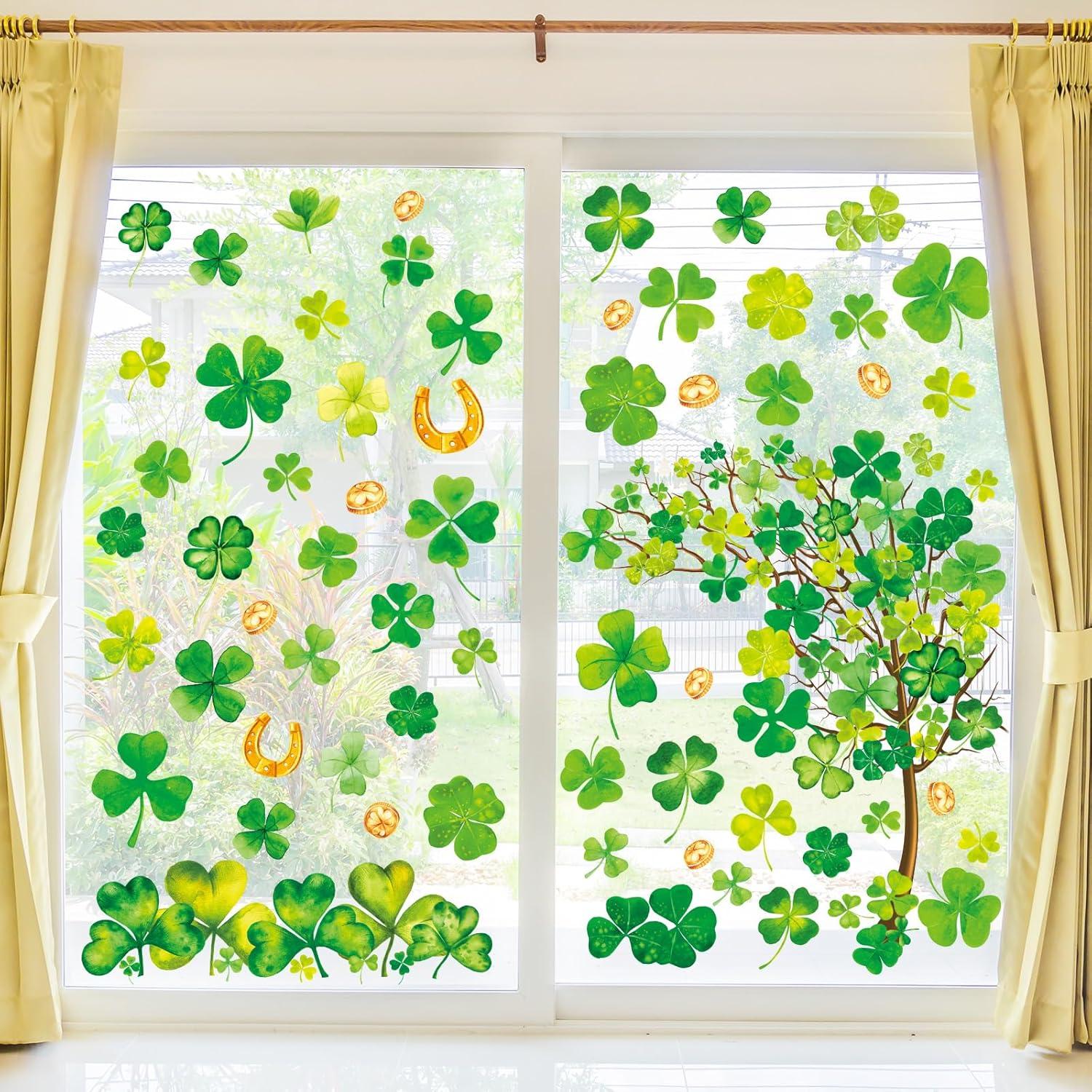 imageWhaline 6 Sheets Fall Maple Leaves Window Clings Thanksgiving Watercolor Maple Tree OrangeBrown Leaves Pumpkins Decals DoubleSided Glass Window Stickers for Autumn Harvest Home School Party SuppliesSt Patricks Day
