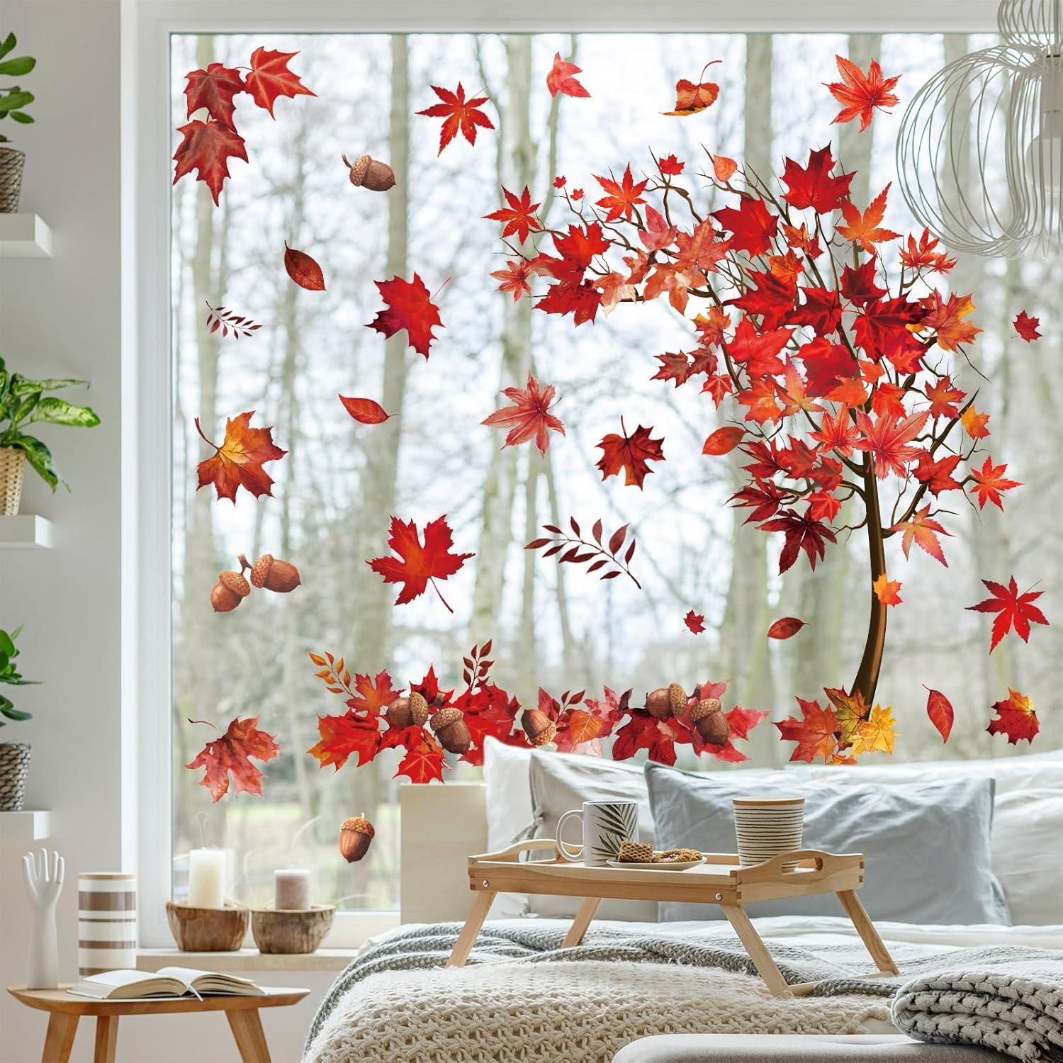 imageWhaline 6 Sheets Fall Maple Leaves Window Clings Thanksgiving Watercolor Maple Tree OrangeBrown Leaves Pumpkins Decals DoubleSided Glass Window Stickers for Autumn Harvest Home School Party SuppliesRed Maple