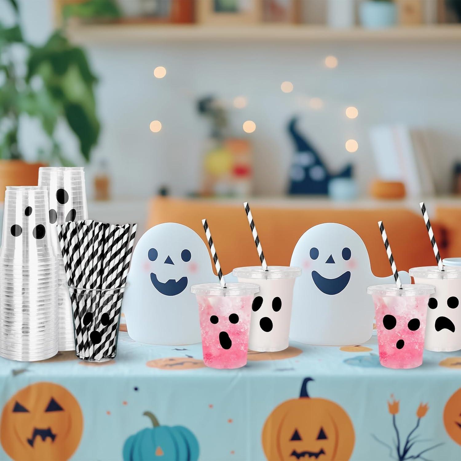 imageWhaline 60Pcs Halloween Disposable Plastic Cups with Lids and Straws 12oz JackOLantern Pumpkin Cold Beverage Drinking Cups Scary Printed Party Cup for Trick or Treat Party SuppliesBlack Spooky Ghost