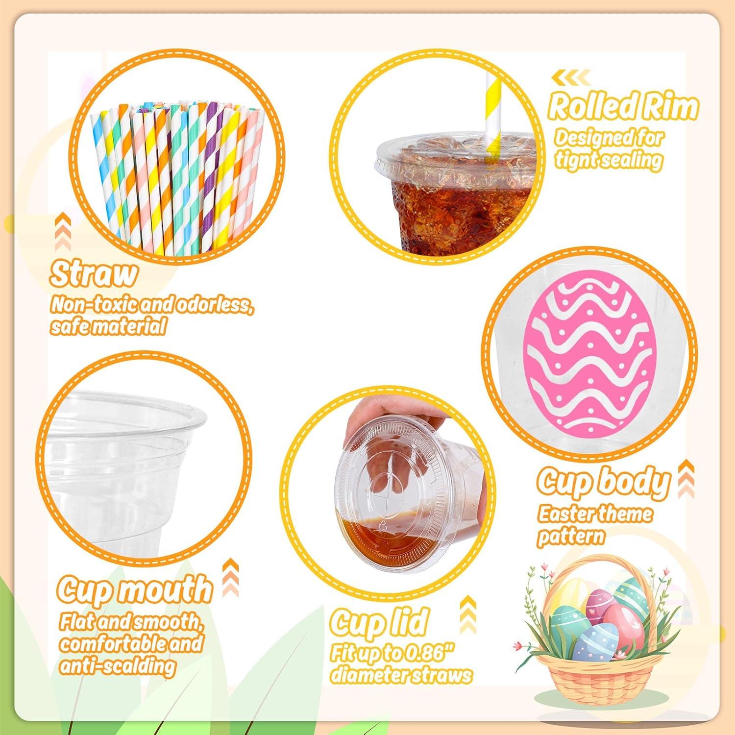 imageWhaline 60Pcs Halloween Disposable Plastic Cups with Lids and Straws 12oz JackOLantern Pumpkin Cold Beverage Drinking Cups Scary Printed Party Cup for Trick or Treat Party SuppliesEaster Egg