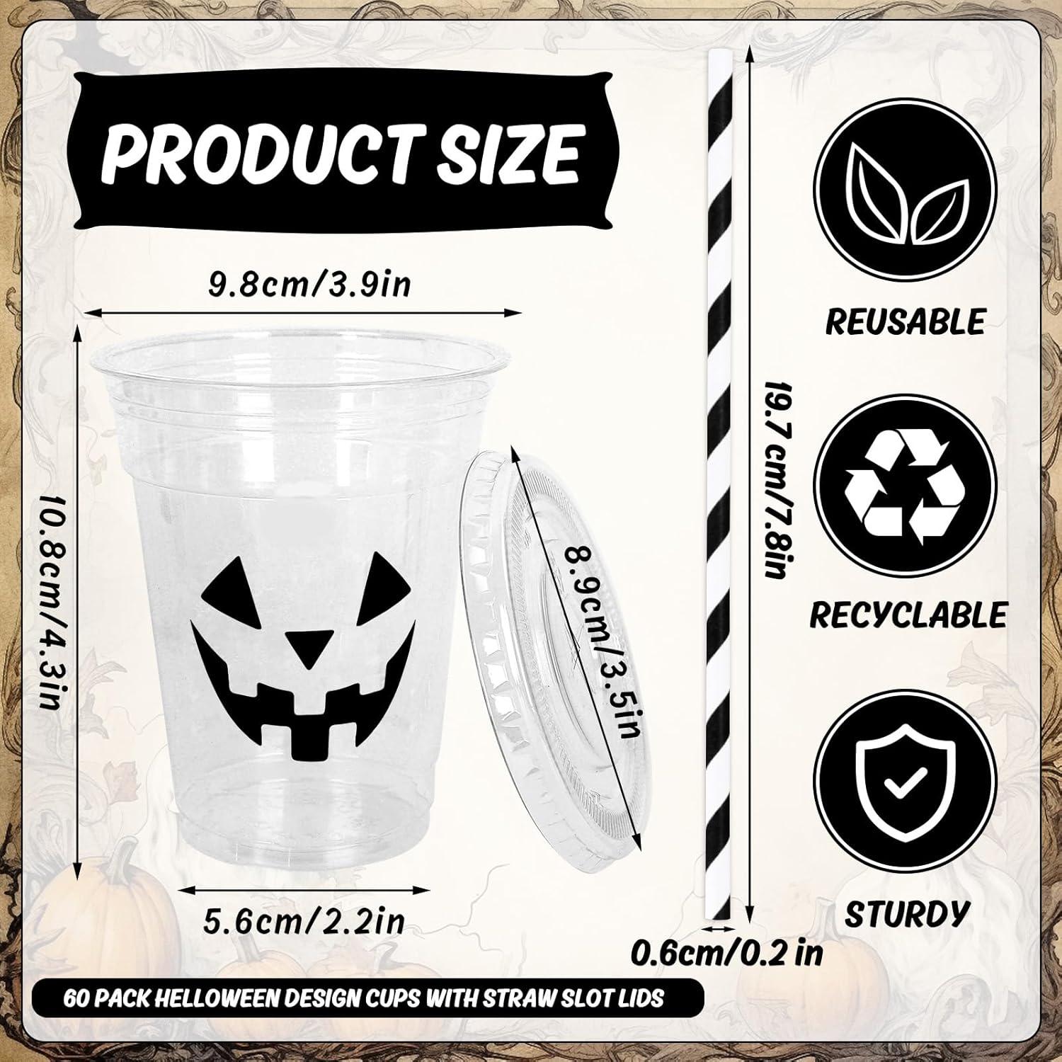 imageWhaline 60Pcs Halloween Disposable Plastic Cups with Lids and Straws 12oz JackOLantern Pumpkin Cold Beverage Drinking Cups Scary Printed Party Cup for Trick or Treat Party SuppliesHalloween Face