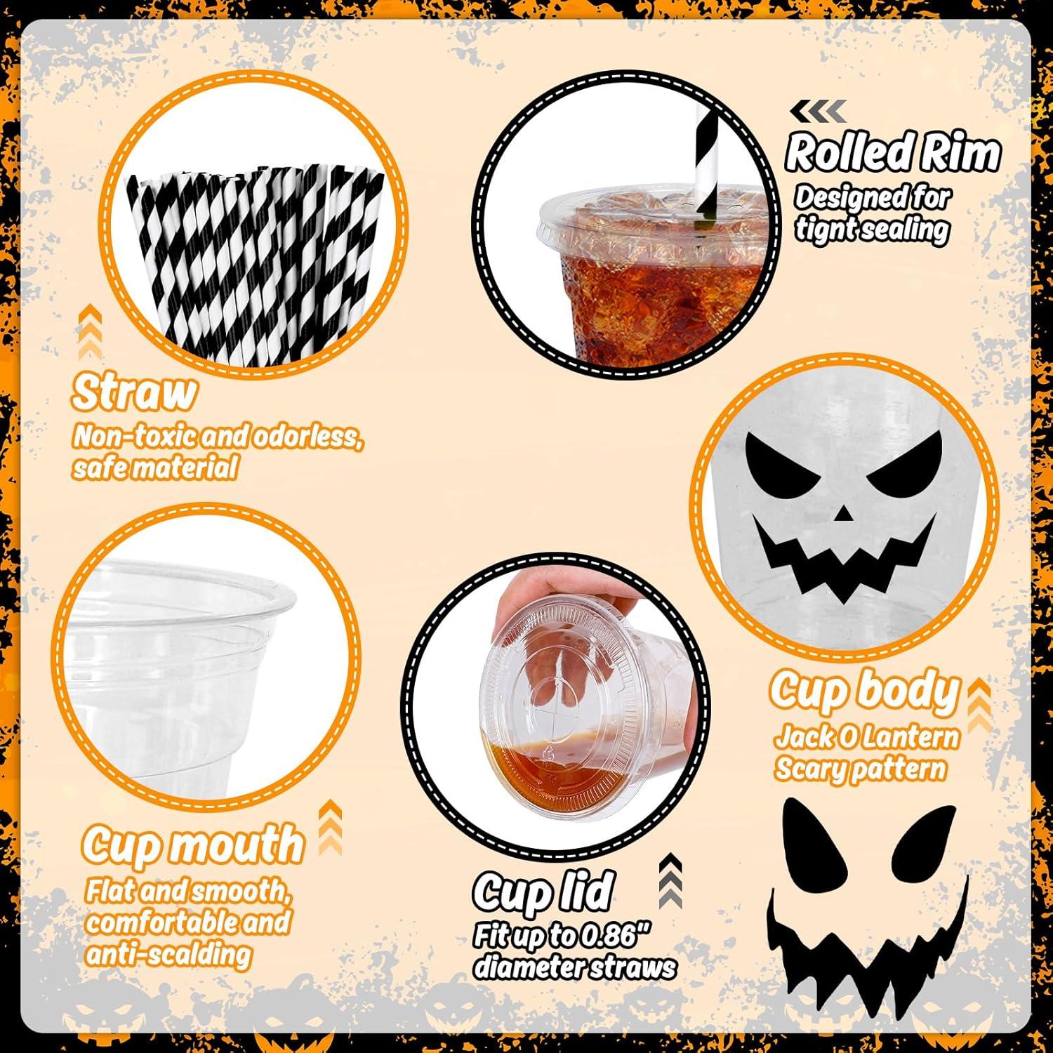 imageWhaline 60Pcs Halloween Disposable Plastic Cups with Lids and Straws 12oz JackOLantern Pumpkin Cold Beverage Drinking Cups Scary Printed Party Cup for Trick or Treat Party SuppliesBlack Pumpkin Face