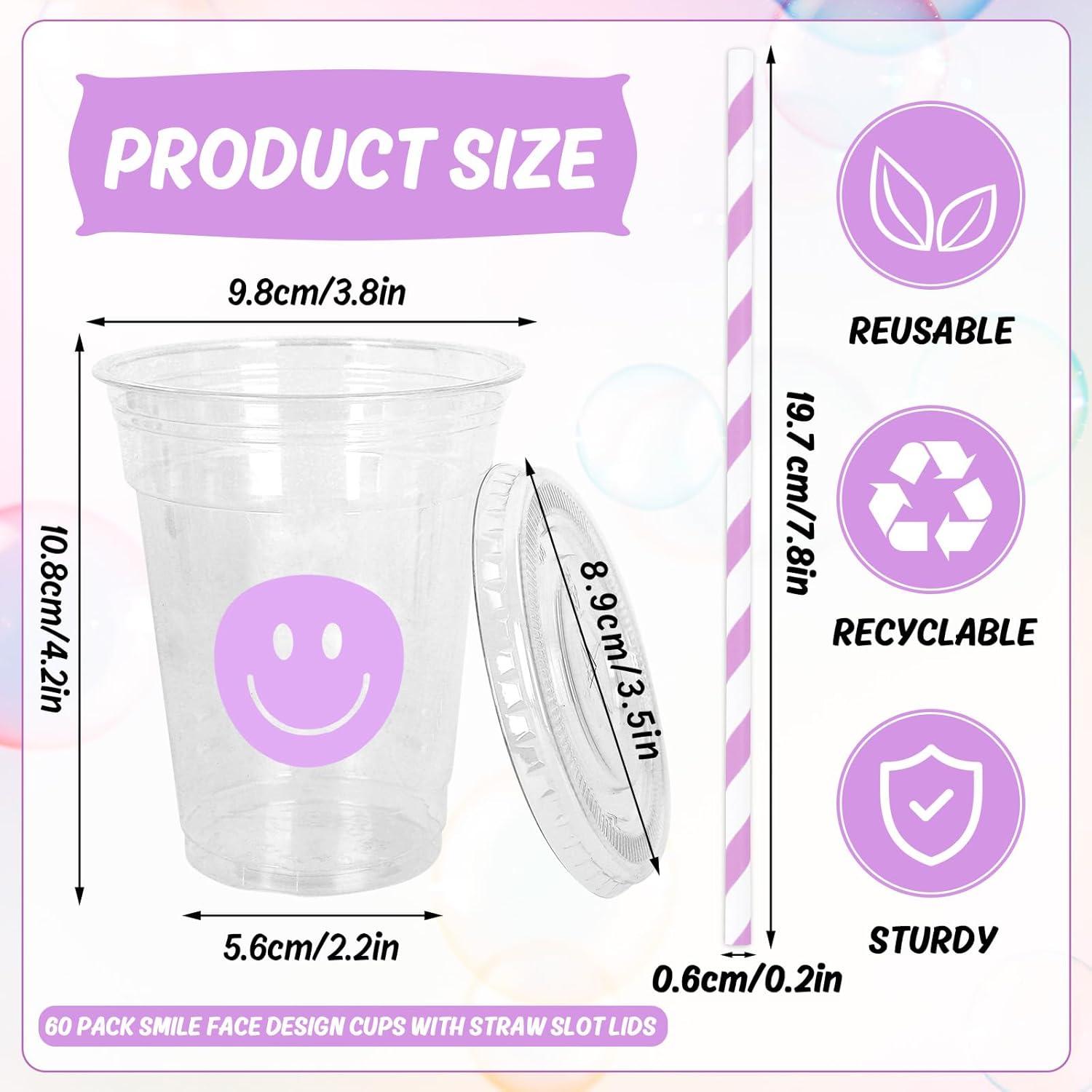 imageWhaline 60Pcs Halloween Disposable Plastic Cups with Lids and Straws 12oz JackOLantern Pumpkin Cold Beverage Drinking Cups Scary Printed Party Cup for Trick or Treat Party SuppliesSmile