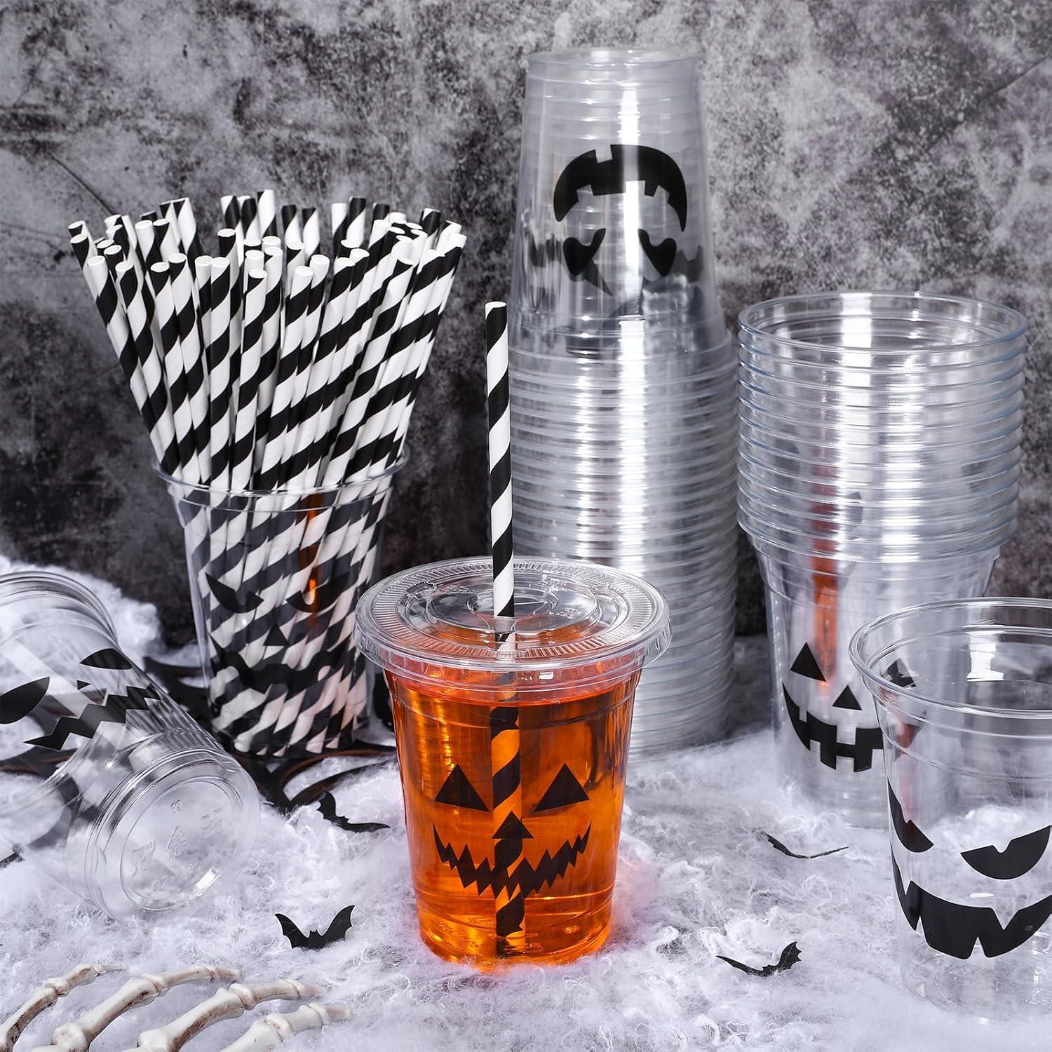 imageWhaline 60Pcs Halloween Disposable Plastic Cups with Lids and Straws 12oz JackOLantern Pumpkin Cold Beverage Drinking Cups Scary Printed Party Cup for Trick or Treat Party SuppliesBlack Pumpkin Face
