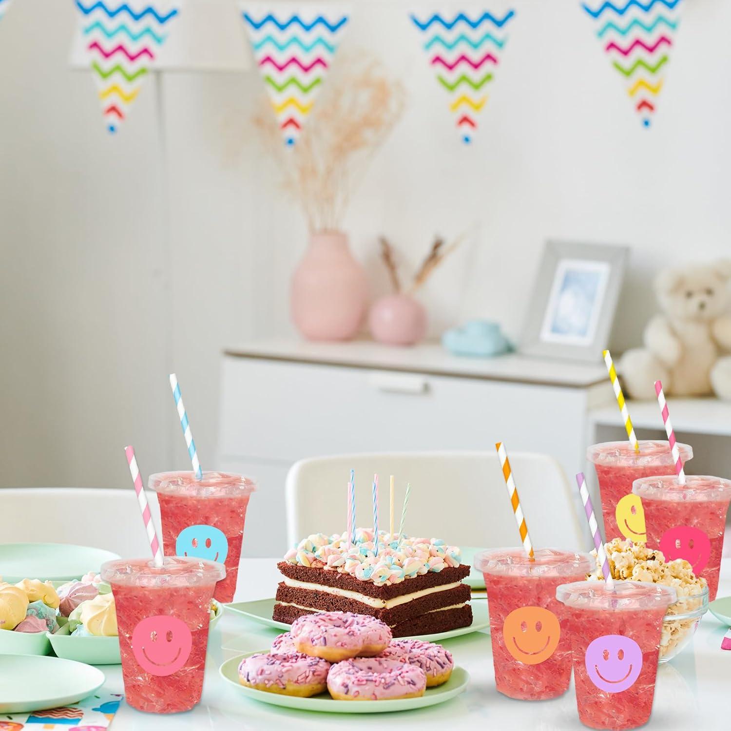 imageWhaline 60Pcs Halloween Disposable Plastic Cups with Lids and Straws 12oz JackOLantern Pumpkin Cold Beverage Drinking Cups Scary Printed Party Cup for Trick or Treat Party SuppliesSmile