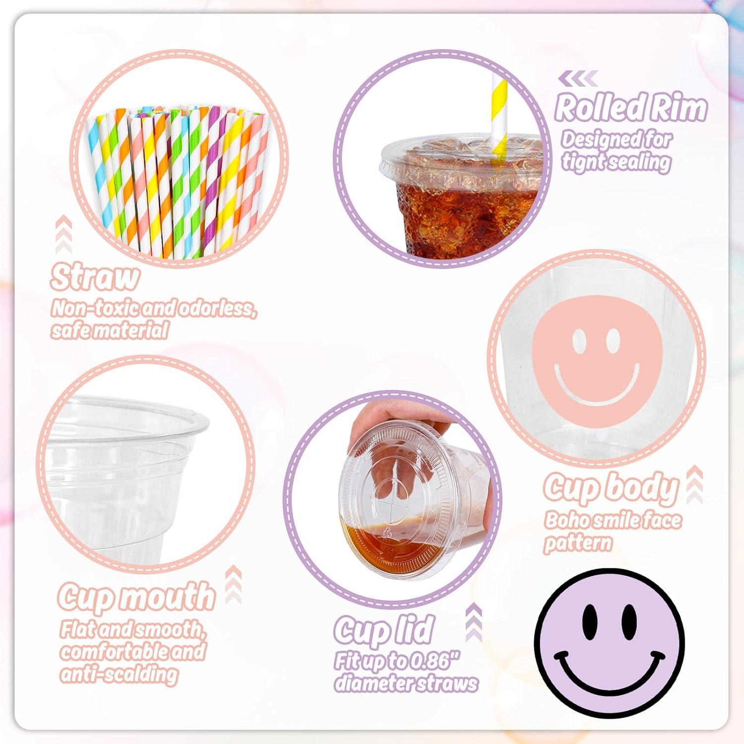 imageWhaline 60Pcs Halloween Disposable Plastic Cups with Lids and Straws 12oz JackOLantern Pumpkin Cold Beverage Drinking Cups Scary Printed Party Cup for Trick or Treat Party SuppliesBoho Smile