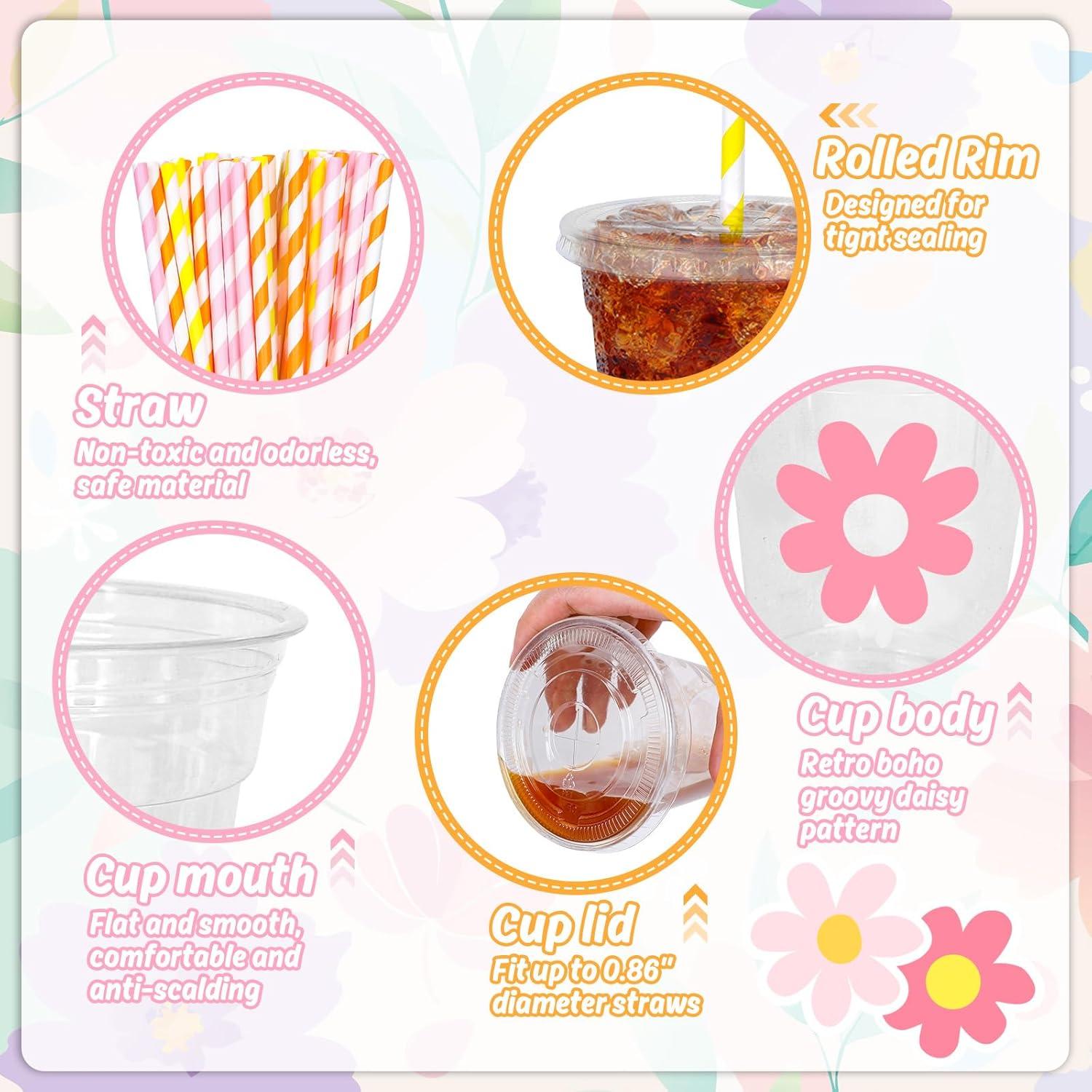 imageWhaline 60Pcs Halloween Disposable Plastic Cups with Lids and Straws 12oz JackOLantern Pumpkin Cold Beverage Drinking Cups Scary Printed Party Cup for Trick or Treat Party SuppliesBoho Daisy