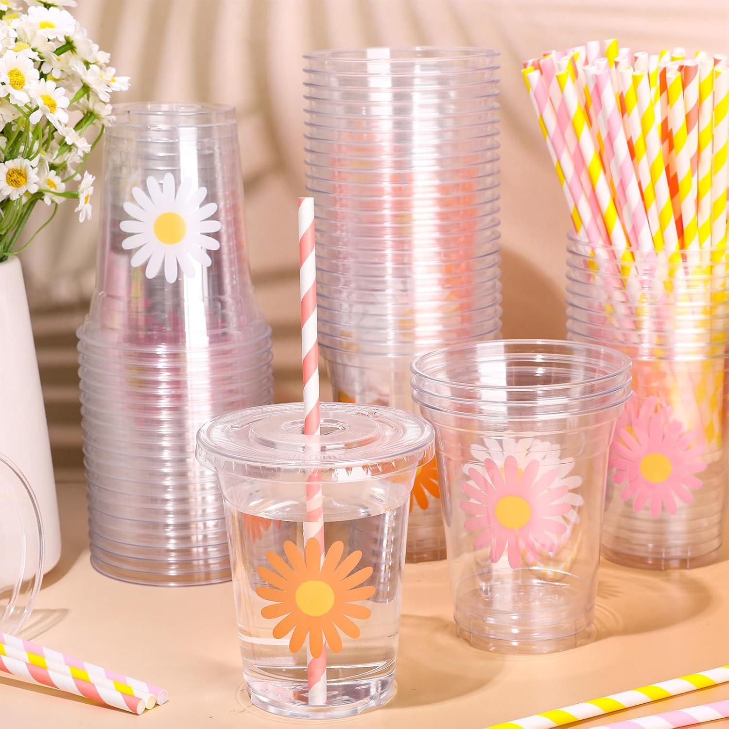 imageWhaline 60Pcs Halloween Disposable Plastic Cups with Lids and Straws 12oz JackOLantern Pumpkin Cold Beverage Drinking Cups Scary Printed Party Cup for Trick or Treat Party SuppliesDaisy