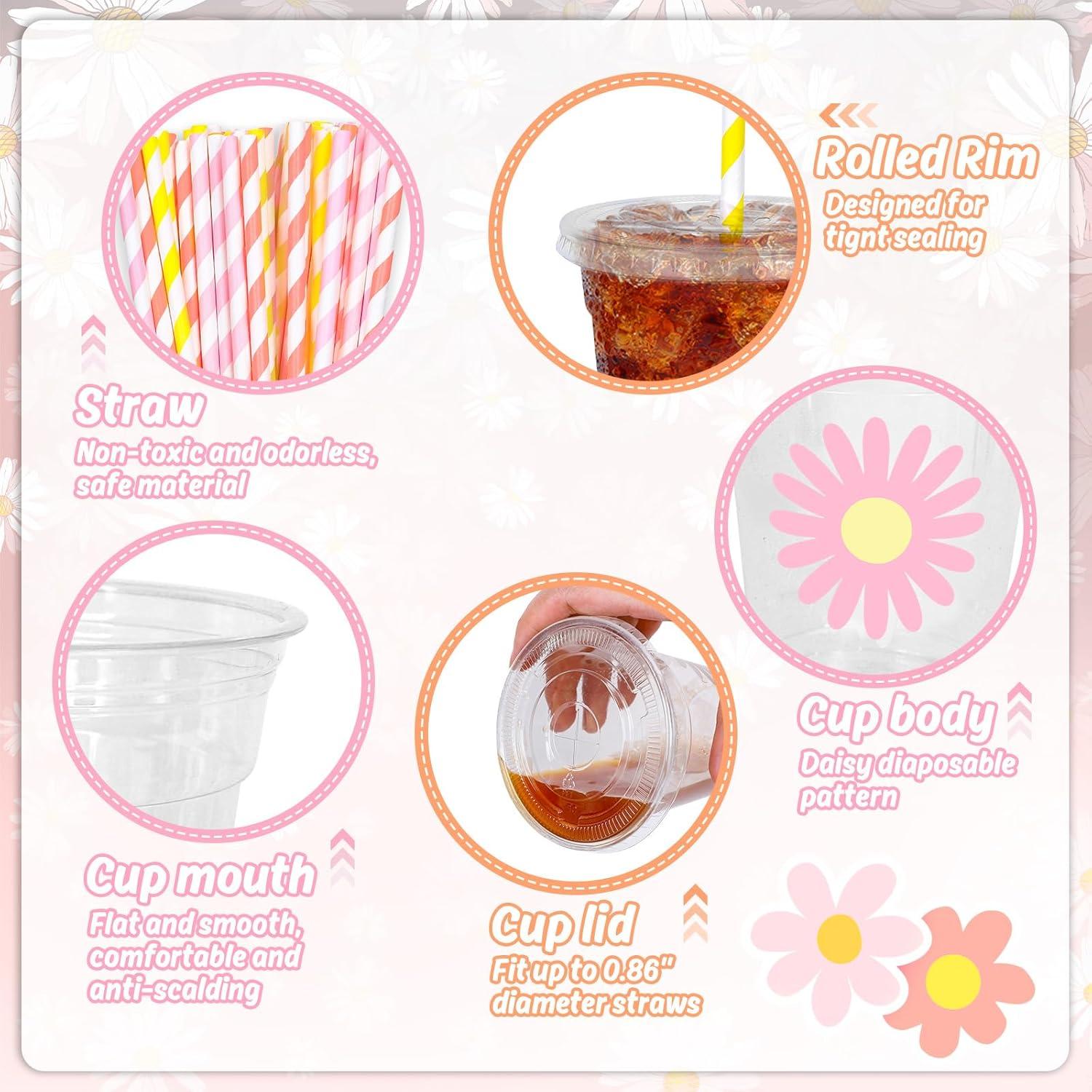 imageWhaline 60Pcs Halloween Disposable Plastic Cups with Lids and Straws 12oz JackOLantern Pumpkin Cold Beverage Drinking Cups Scary Printed Party Cup for Trick or Treat Party SuppliesDaisy