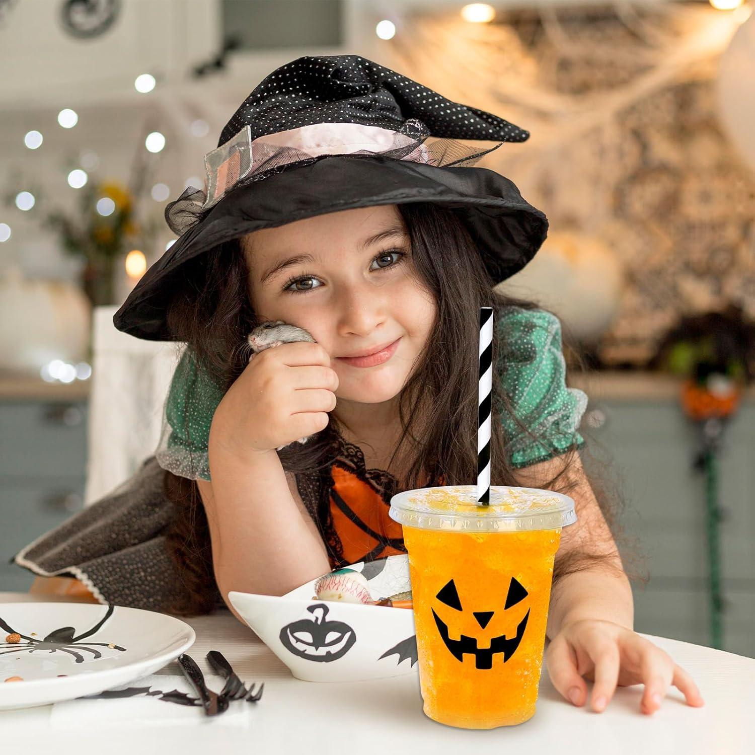 imageWhaline 60Pcs Halloween Disposable Plastic Cups with Lids and Straws 12oz JackOLantern Pumpkin Cold Beverage Drinking Cups Scary Printed Party Cup for Trick or Treat Party SuppliesHalloween Face