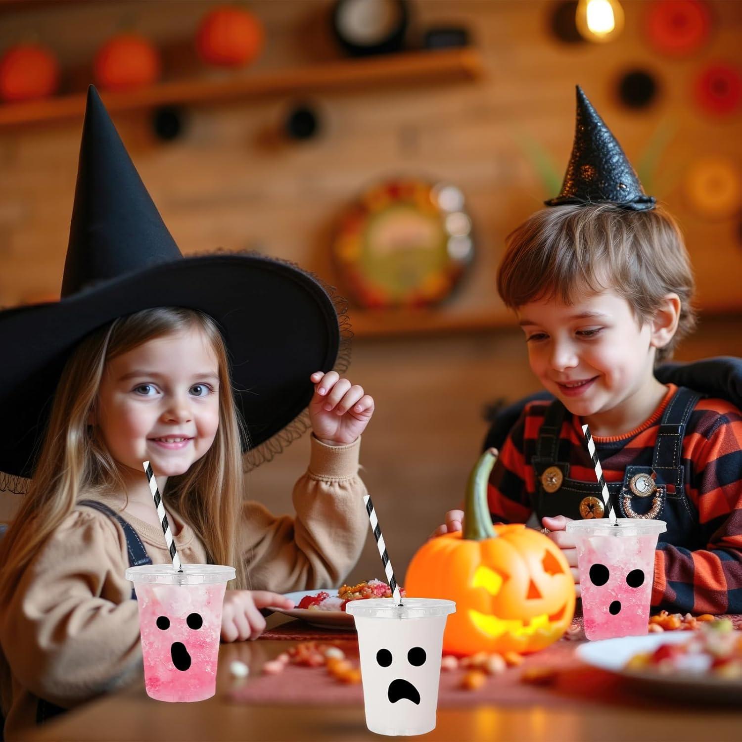 imageWhaline 60Pcs Halloween Disposable Plastic Cups with Lids and Straws 12oz JackOLantern Pumpkin Cold Beverage Drinking Cups Scary Printed Party Cup for Trick or Treat Party SuppliesBlack Spooky Ghost