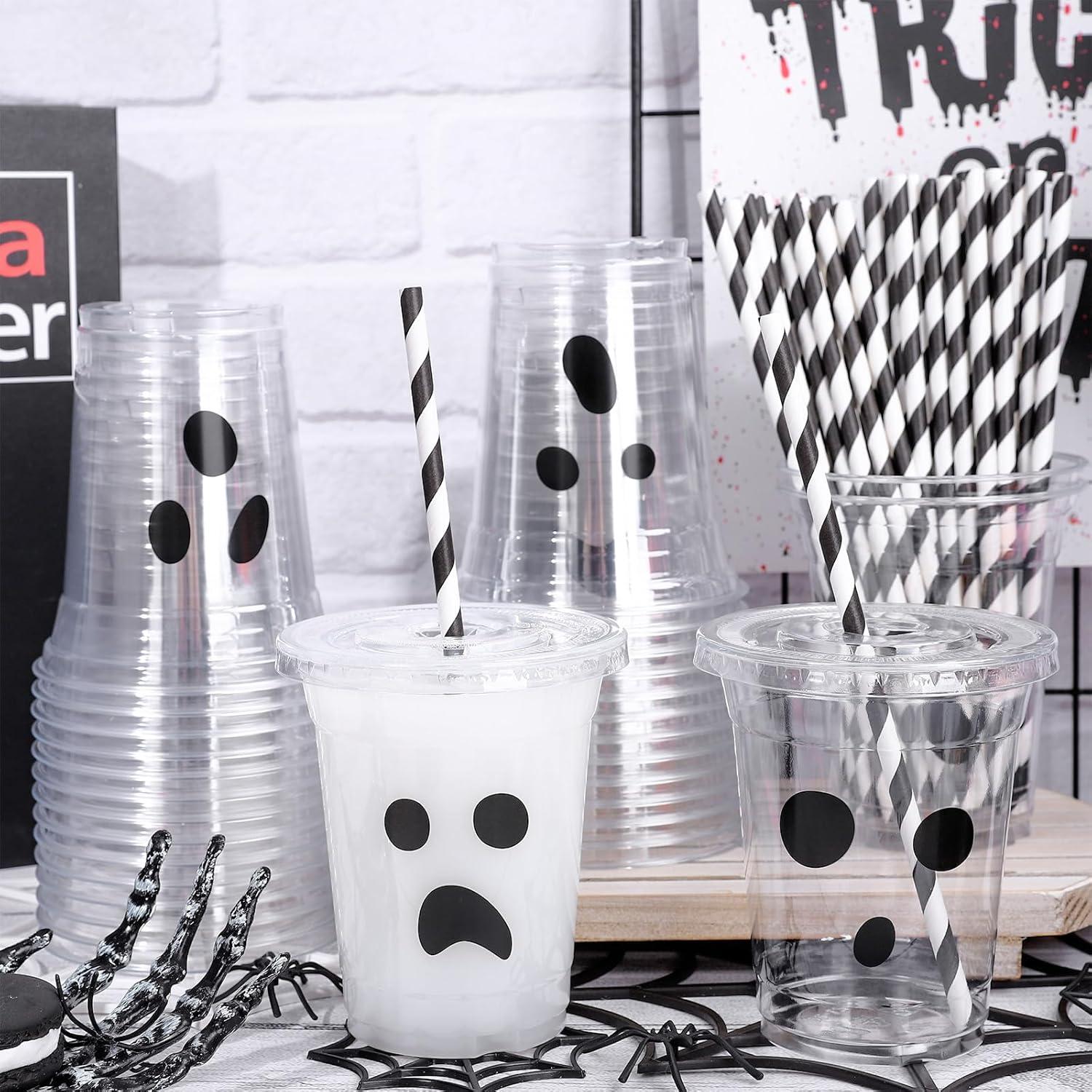 imageWhaline 60Pcs Halloween Disposable Plastic Cups with Lids and Straws 12oz JackOLantern Pumpkin Cold Beverage Drinking Cups Scary Printed Party Cup for Trick or Treat Party SuppliesBlack Spooky Ghost