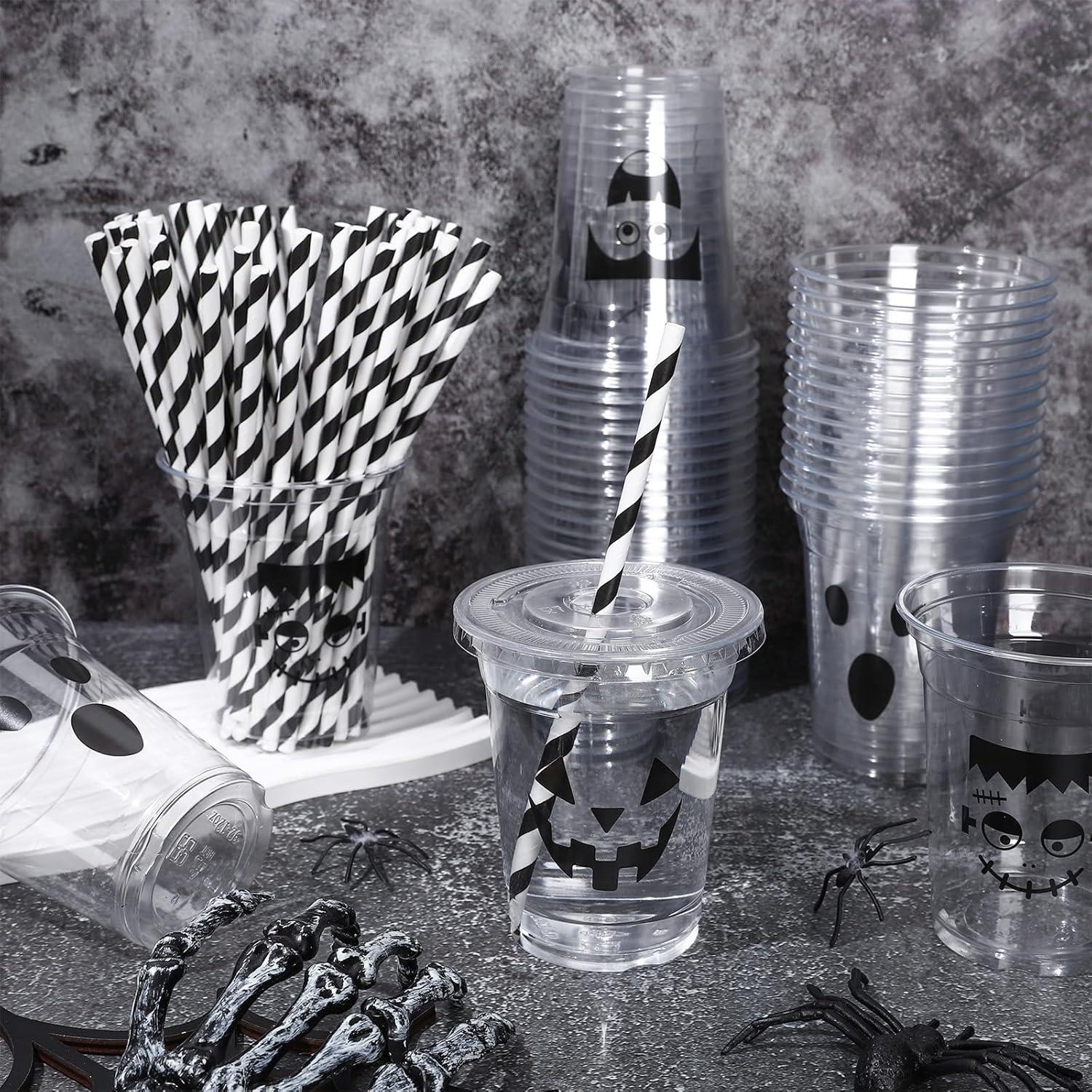 imageWhaline 60Pcs Halloween Disposable Plastic Cups with Lids and Straws 12oz JackOLantern Pumpkin Cold Beverage Drinking Cups Scary Printed Party Cup for Trick or Treat Party SuppliesHalloween Face